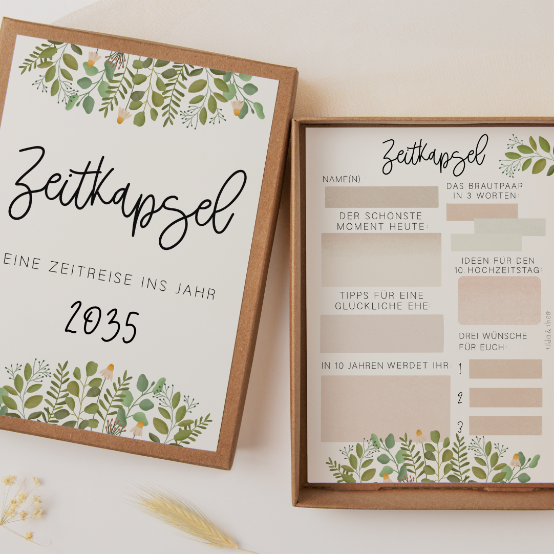 Zeitkapsel Hochzeit zum Ausfüllen Eukalyptus - Karten in A6 Gästebuch
