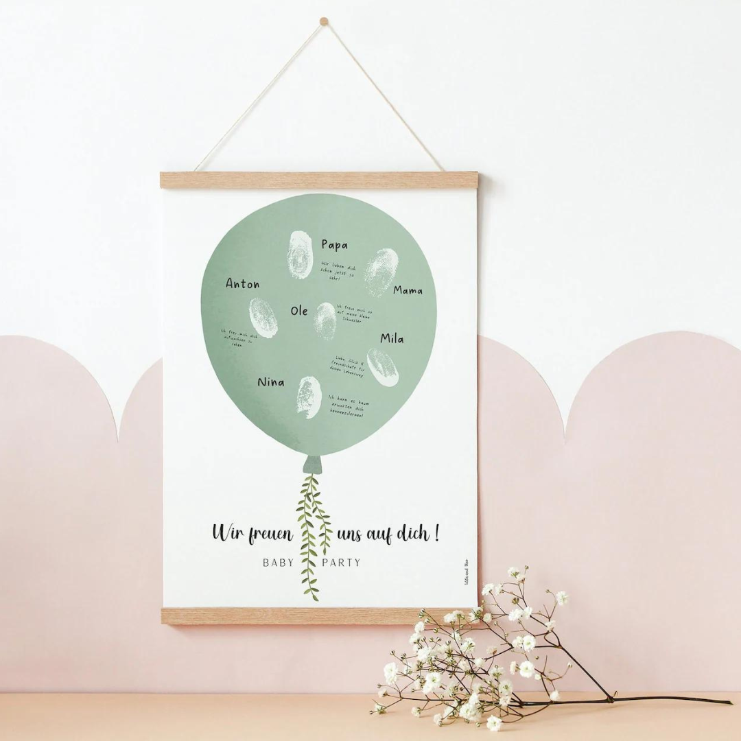 Gästebuch Babyparty Ballon - Fingerabdruck Babyfeier grün
