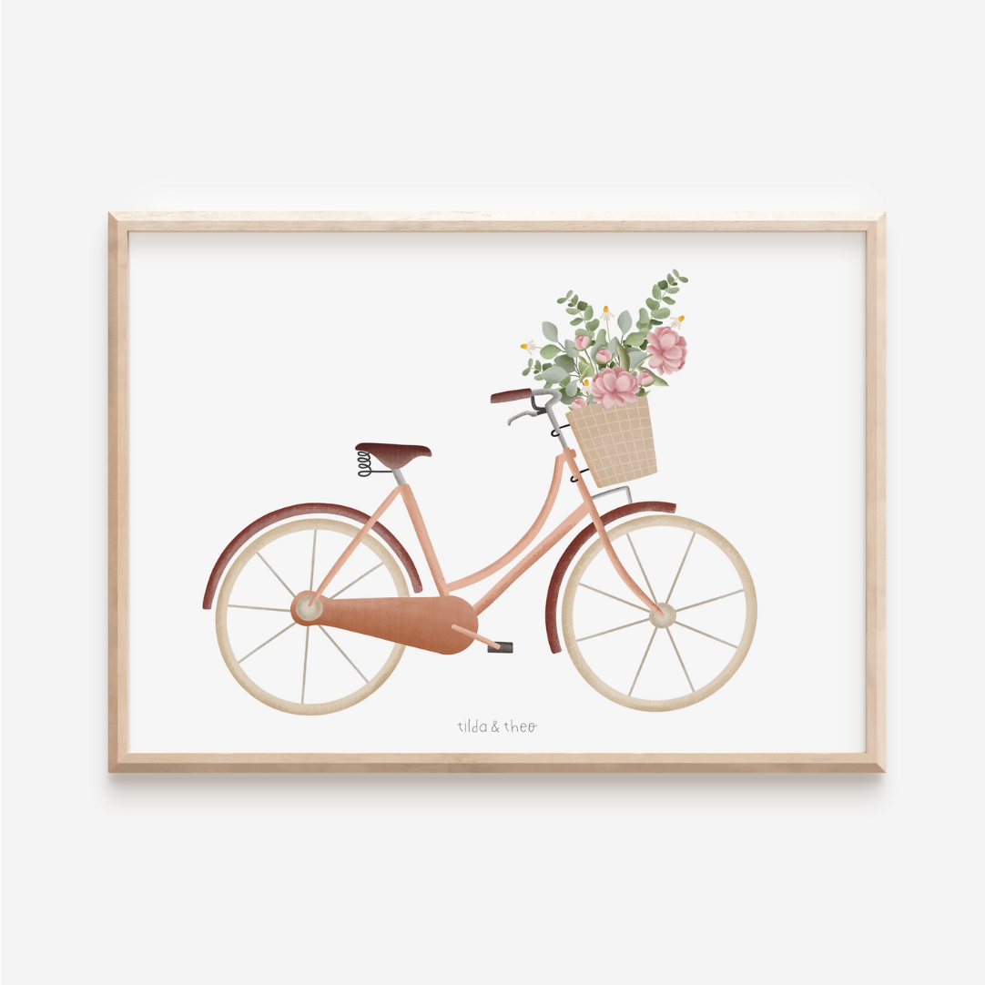 Poster Fahrrad mit Blumenkorb - Kunstdruck Vintage Fahrrad Blumenstrauß - Geschenk Einzug