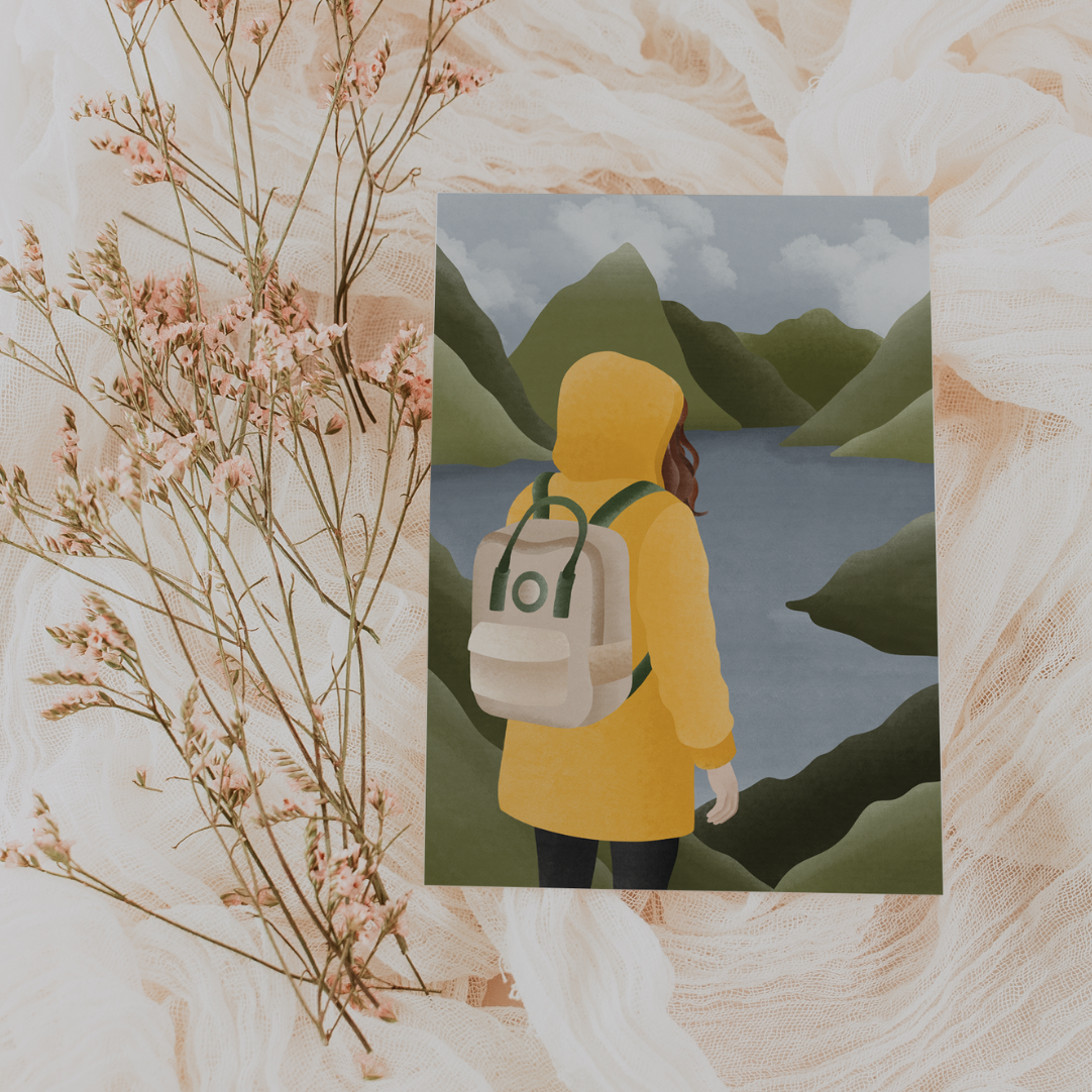 Postkarte Norwegen Fjorde Frau in gelber Regenjacke Karte Reise - Postkarte Norwegischer Fjord