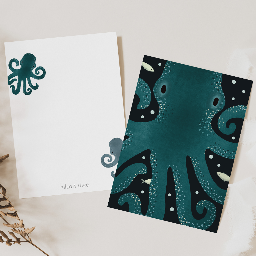 Postkarte Krake Meerestier Ozean - Kinderkarte Meer Oktopus - Kraken Grußkarte