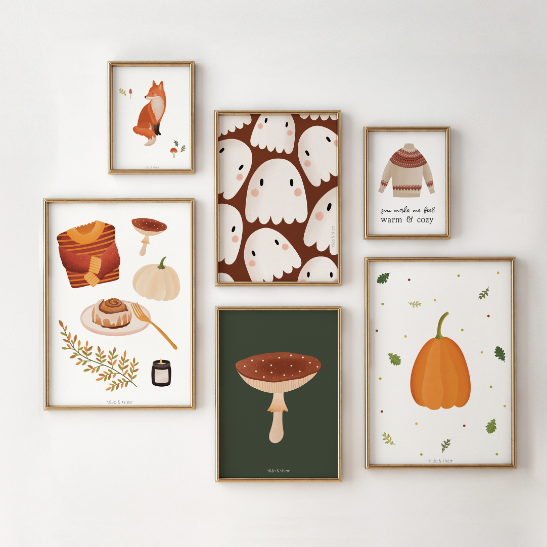 Posterset Herbst Kunstdruck Cozy Autumn - Wanddeko Herbst Geister Pilze