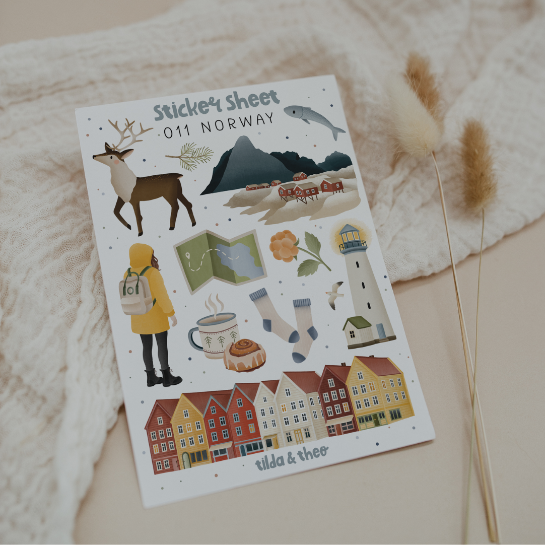 Sticker Sheet Norwegen - 011 / Skandinavien Reise - Abenteuer Reisetagebuch Häuser, Fjorde & Lofoten