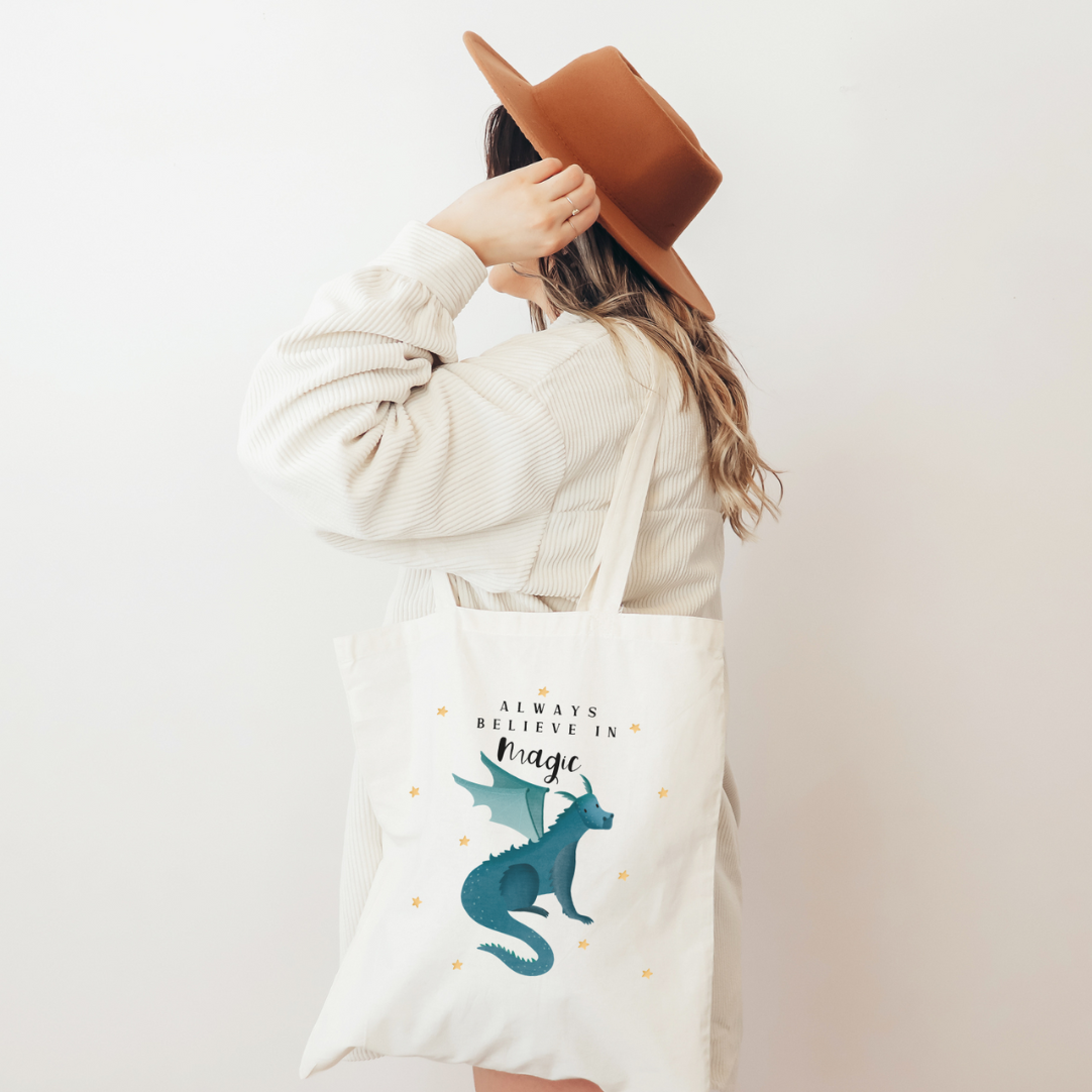 Stofftasche Drache - Einkaufstasche Fantasie - blauer Drache Sterne