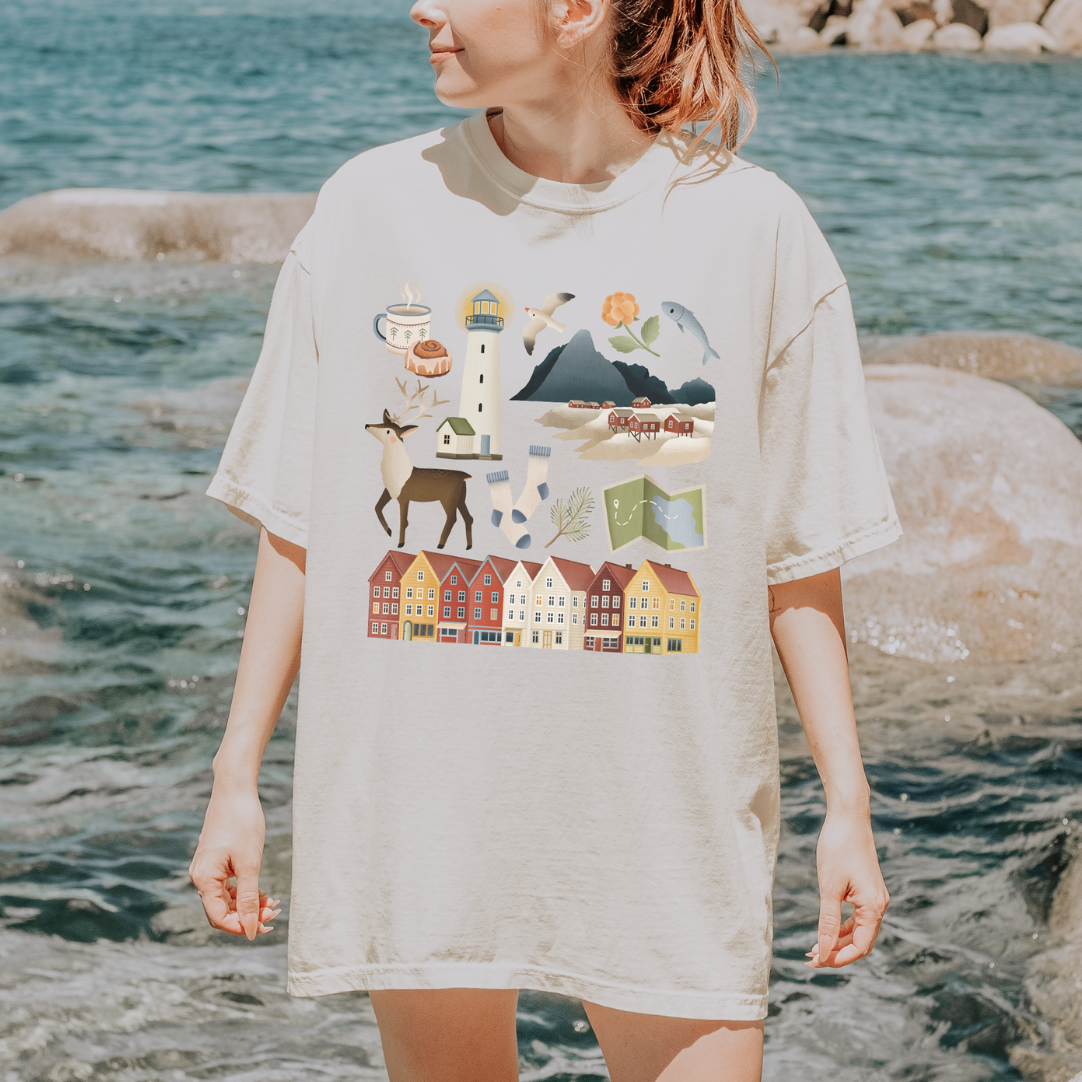 Tshirt Norwegen Reise Skandinavien - BIOBAUMWOLLE Lofoten Häuser Shirt - Norwegen Souvenir