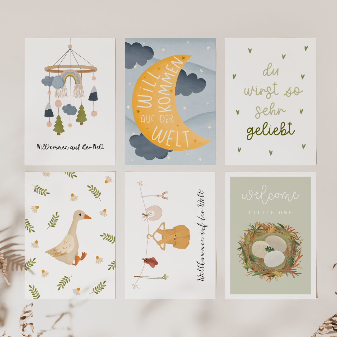 Postkarten-Set Baby Geburt 6x Babykarten - Neutrale Geburtskarten