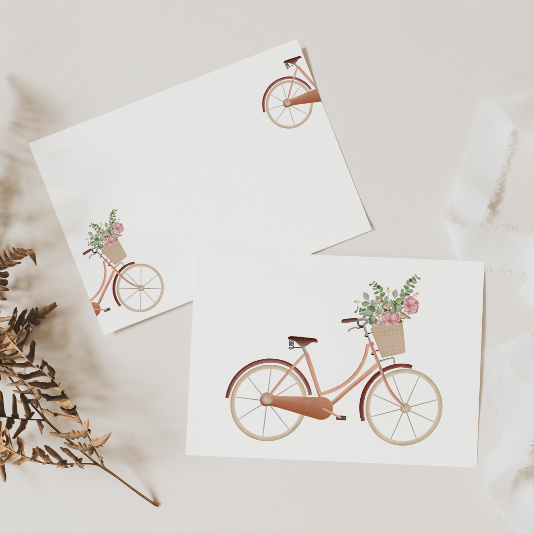 Postkarte Fahrrad mit Blumenkorb - Grußkarte Frühling Geburtstag - Vintage Fahrrad