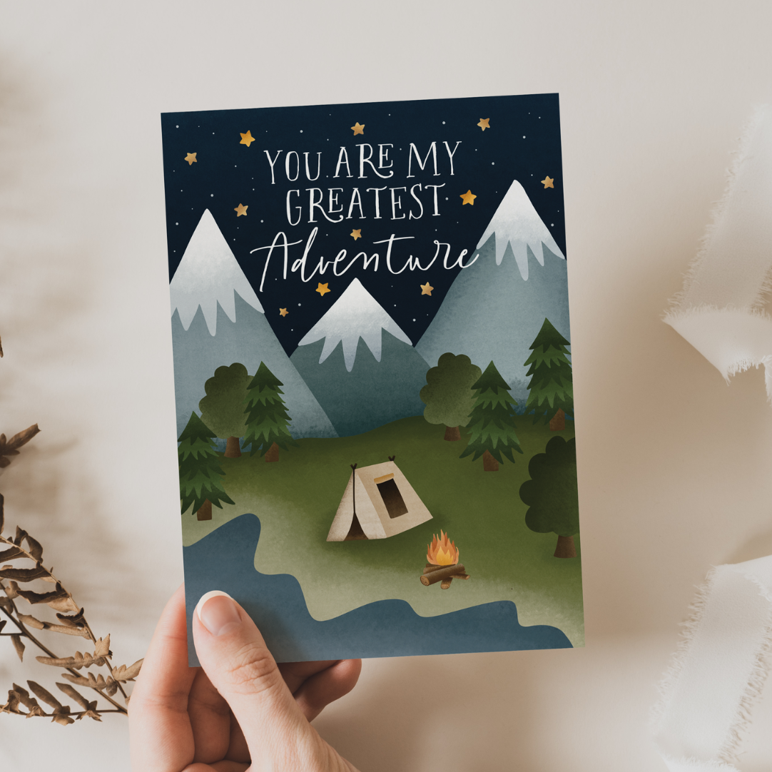 Postkarte Abenteuer "you are my greatest adventure" - Berge Zelt Camping - Reisen Valentinstagskarte