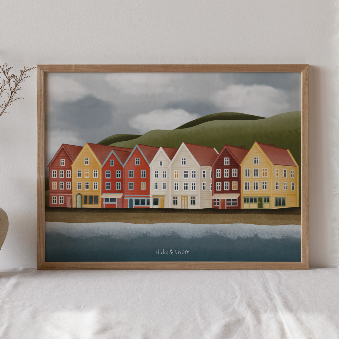 Poster Norwegen Häuser in Bergen - Kunstdruck Reise Hygge Häuserfront im Herbst Haus