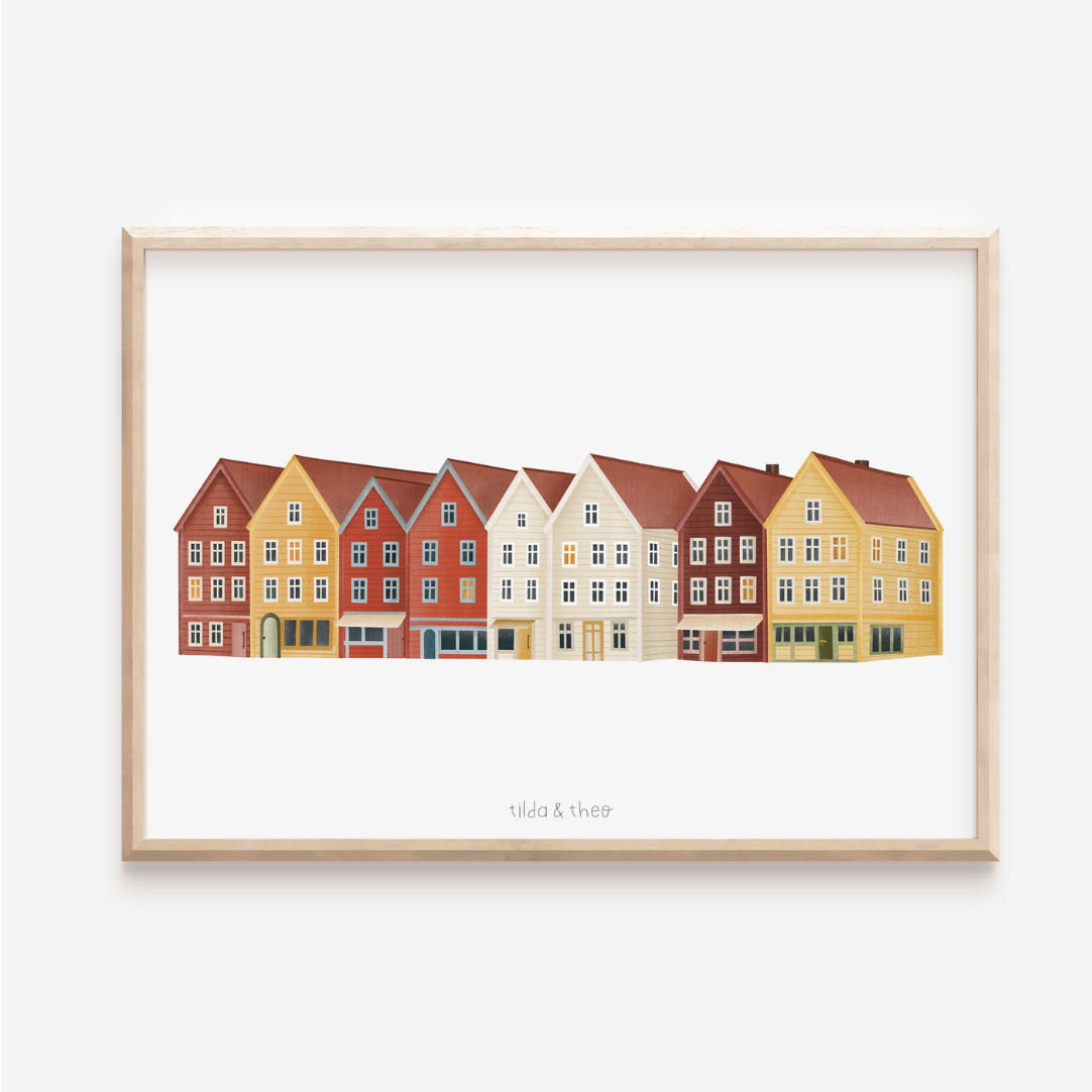 Poster Norwegen Häuser in Bergen - bunte Häuserfront Reise Hygge Haus