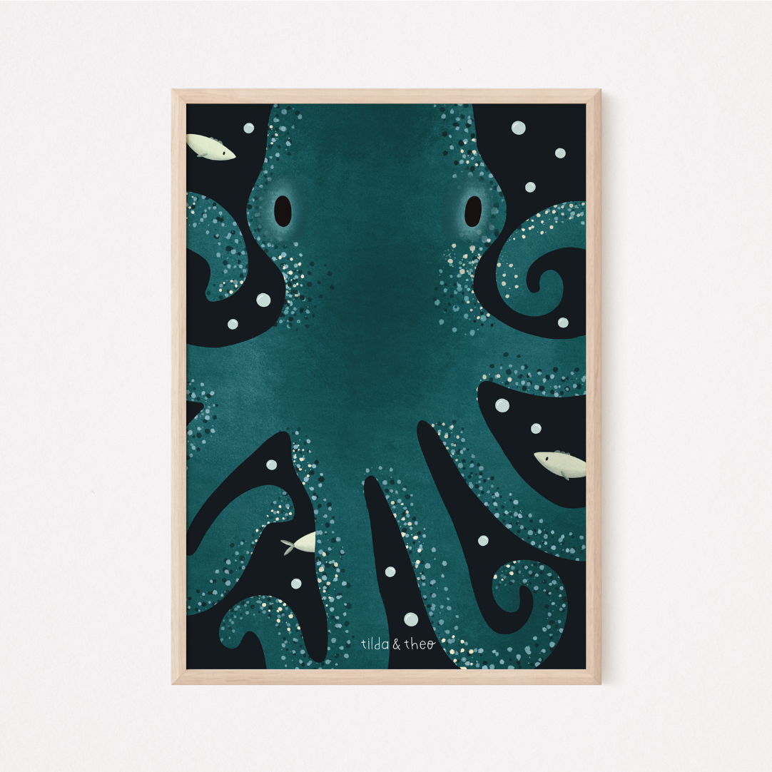 Poster Krake Meer Oktopus - Kinderzimmer Ozean Kinderposter Kraken Unterwasser