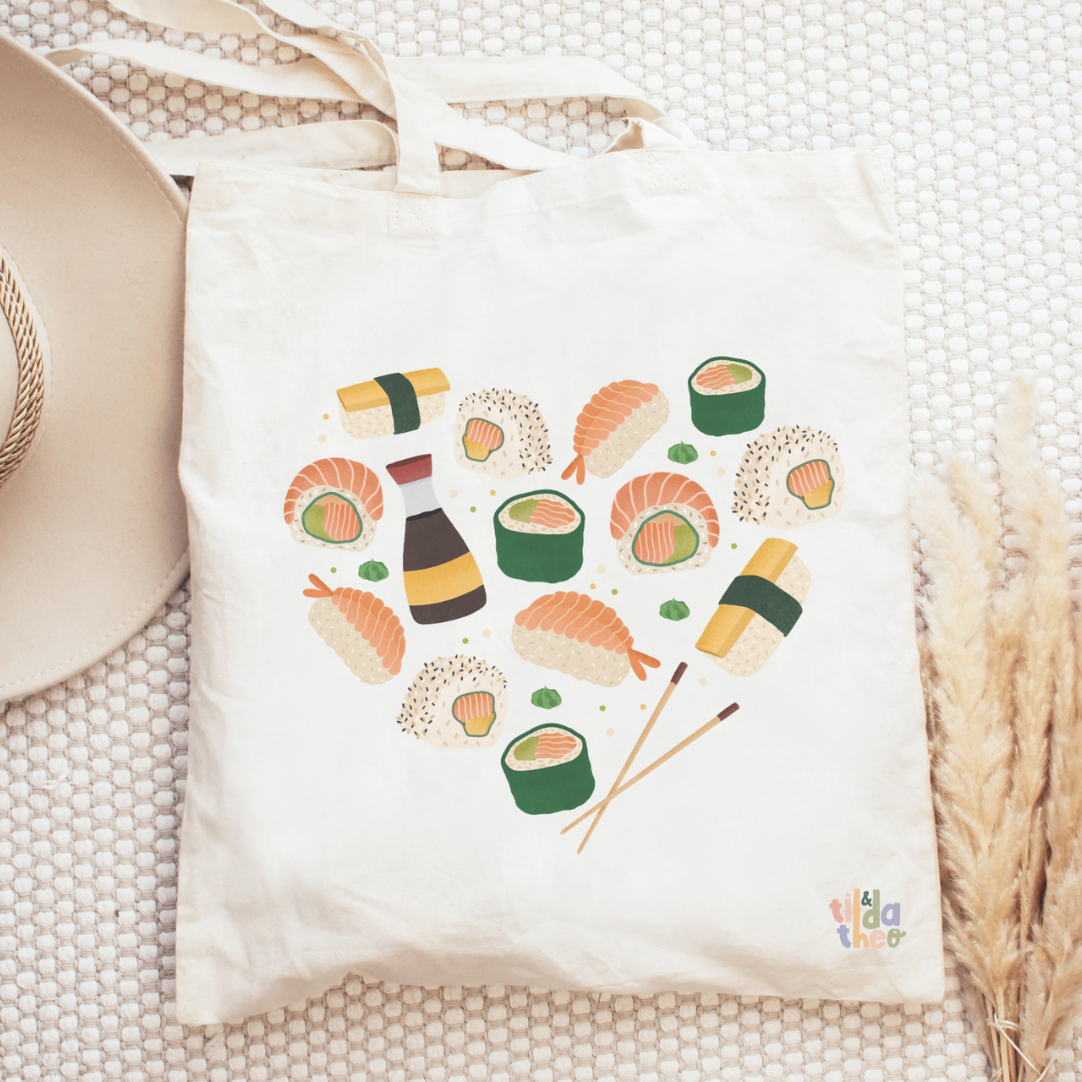 Stofftasche Sushi Herz Nigiri - Jutebeutel Sushi Geschenk Tasche