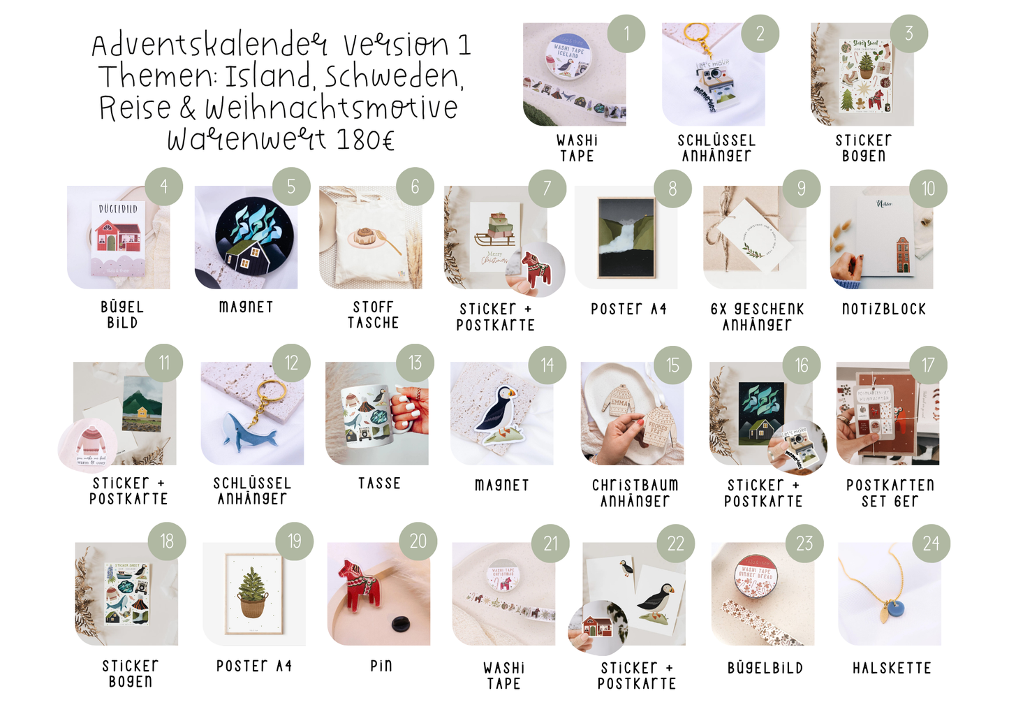 Adventskalender Reise, Island, Schweden & Weihnachtsmotive Geschenkbox oder MOTIVMIX - 180€ Warenwert Reisegeschenk Adventskalender Erwachsene