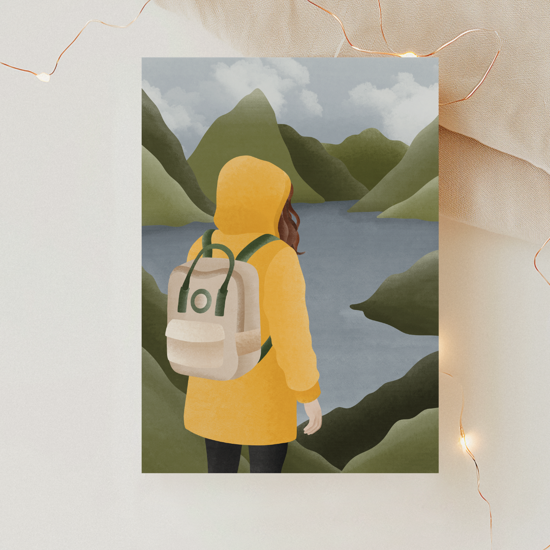 Postkarte Norwegen Fjorde Frau in gelber Regenjacke Karte Reise - Postkarte Norwegischer Fjord