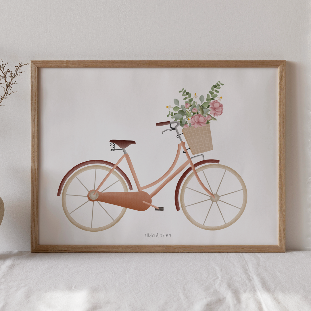Poster Fahrrad mit Blumenkorb - Kunstdruck Vintage Fahrrad Blumenstrauß - Geschenk Einzug