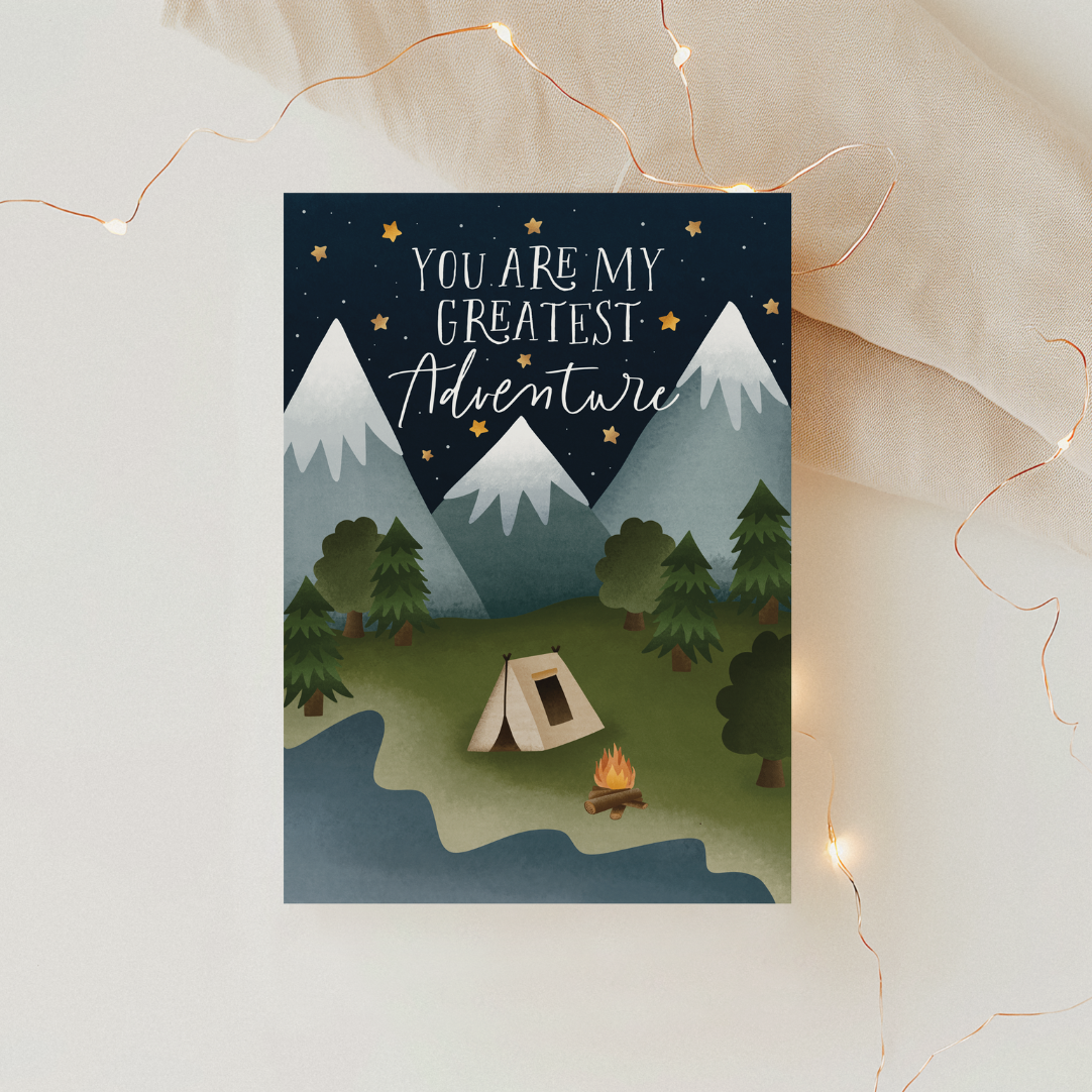 Postkarte Abenteuer "you are my greatest adventure" - Berge Zelt Camping - Reisen Valentinstagskarte