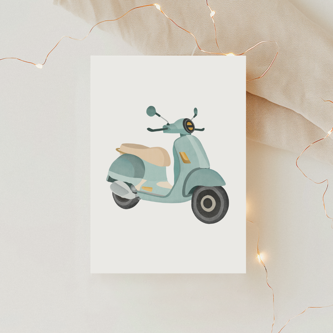 Postkarte Roller - Italien Geschenk Postkarte - Grußkarte italienischer Roller blau