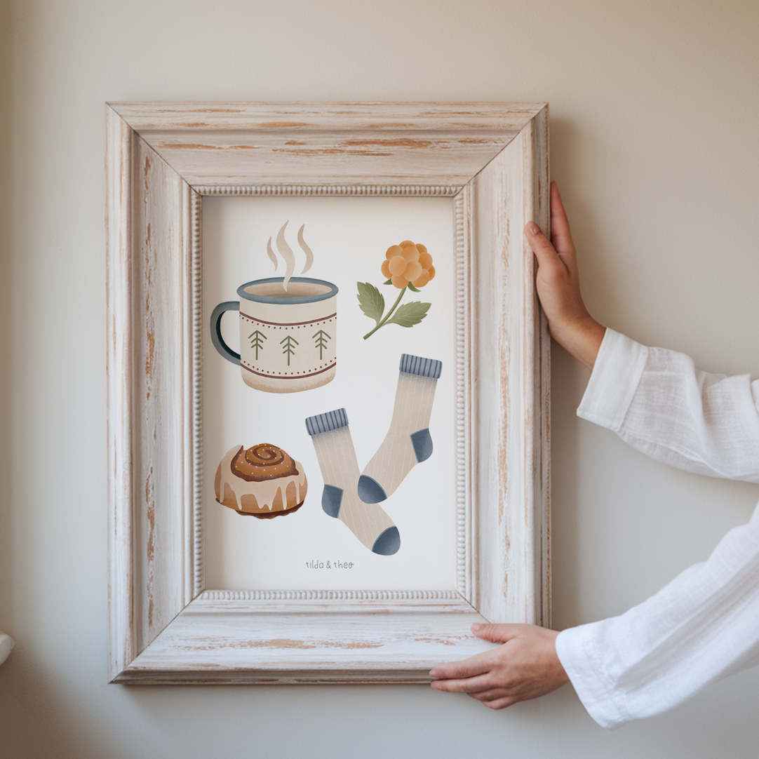 Poster Hygge Norwegen gemütlicher Kunstdruck Zimtschnecke - Kanelbulle und Kaffee Schweden Skandinavien Print