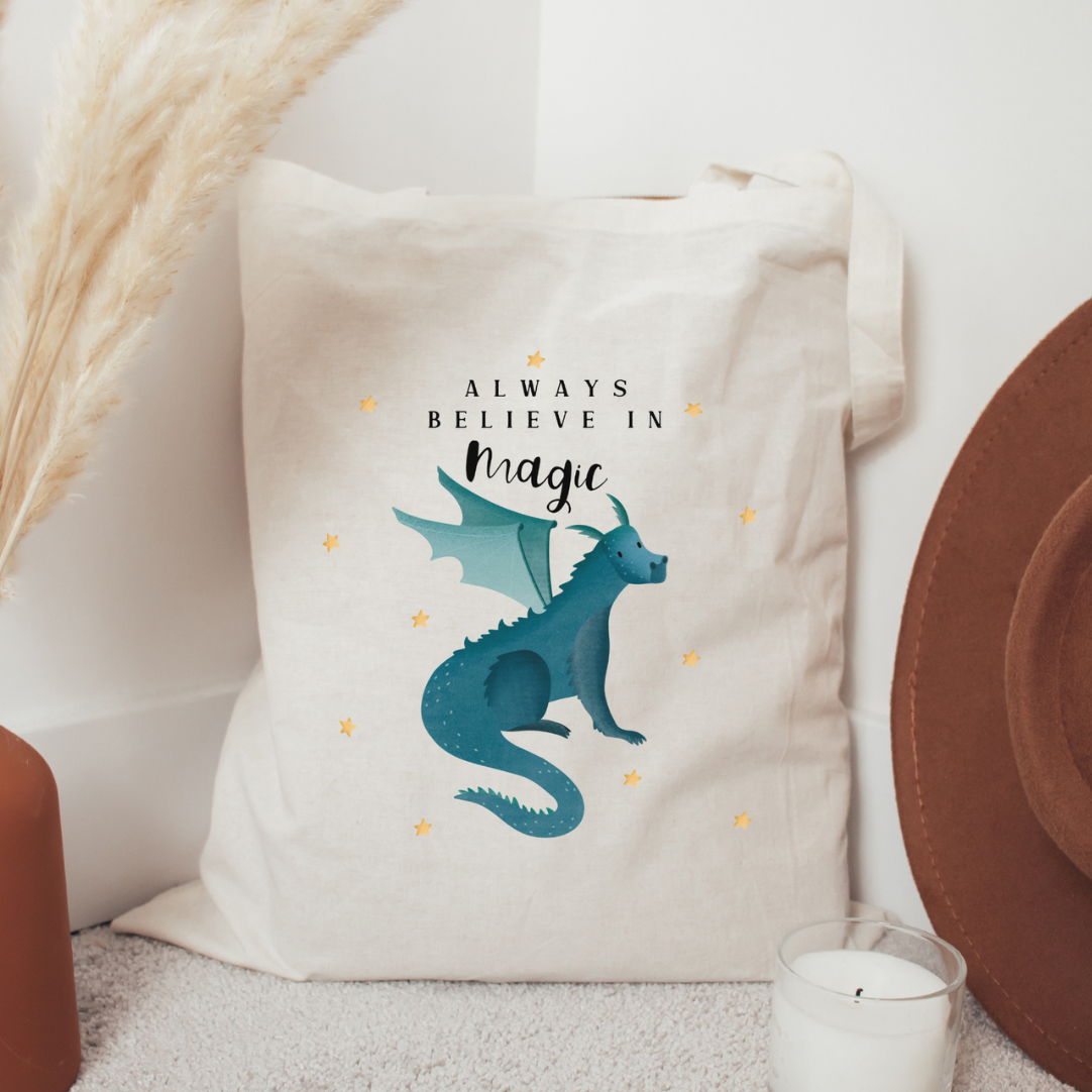 Stofftasche Drache - Einkaufstasche Fantasie - blauer Drache Sterne