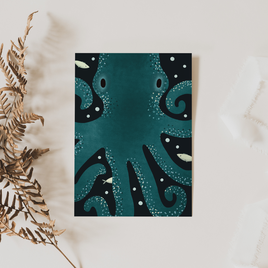 Postkarte Krake Meerestier Ozean - Kinderkarte Meer Oktopus - Kraken Grußkarte