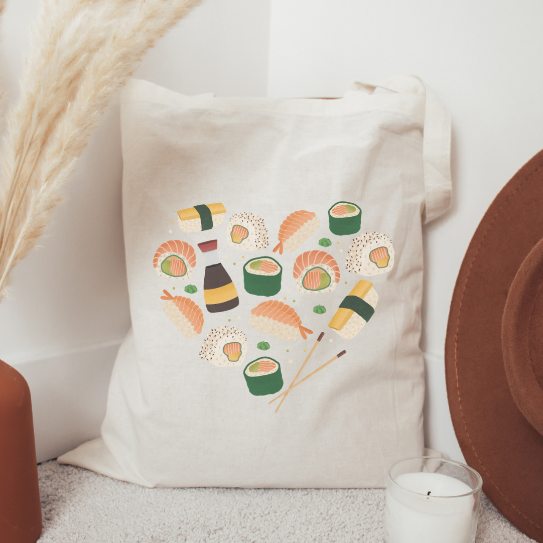 Stofftasche Sushi Herz Nigiri - Jutebeutel Sushi Geschenk Tasche