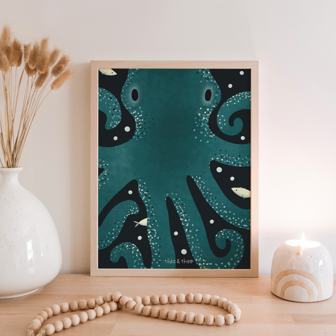 Poster Krake Meer Oktopus - Kinderzimmer Ozean Kinderposter Kraken Unterwasser