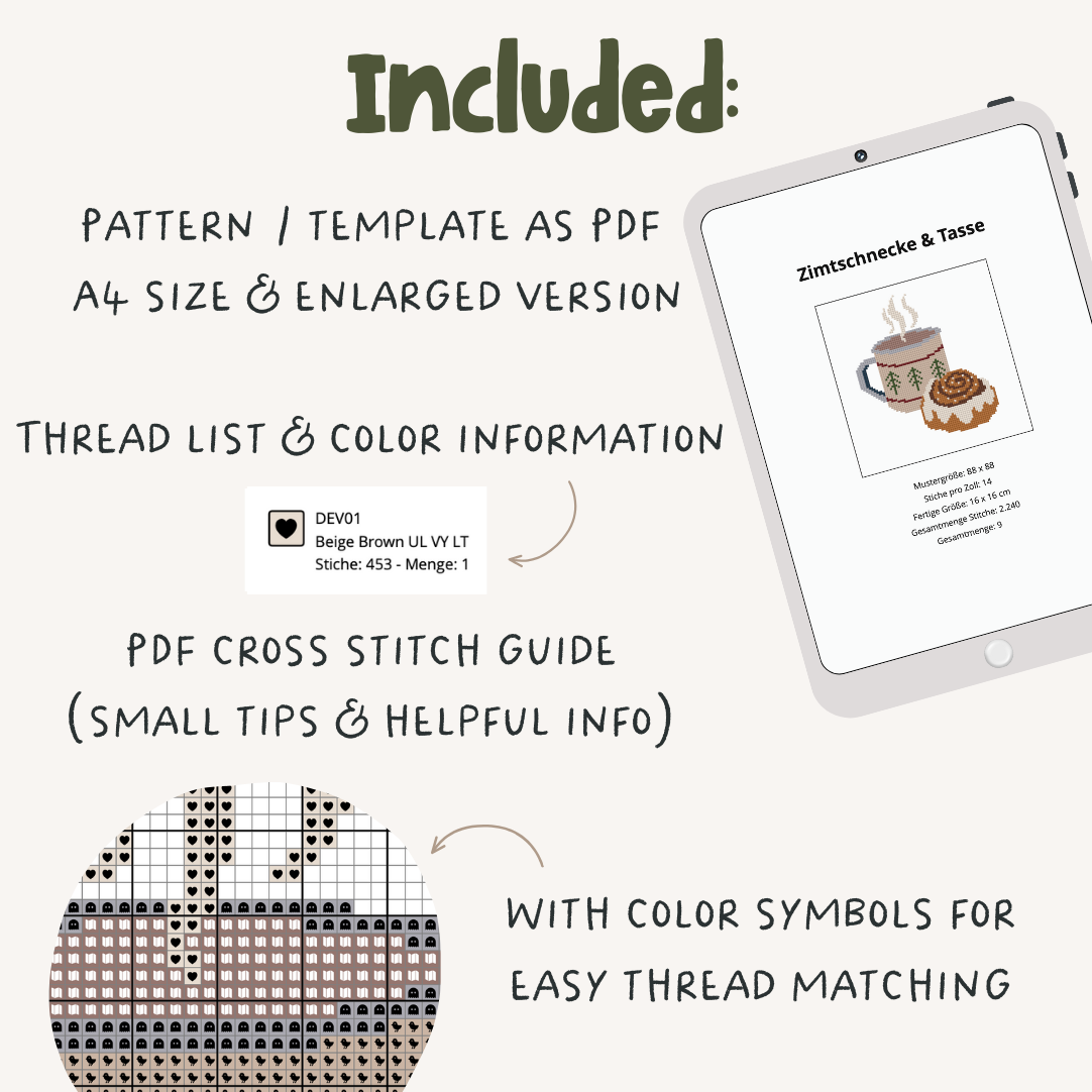 Zimtschnecke Cross Stitch Pattern PDF - Schweden Kanelbulle Hygge Kreuzstich-Vorlage