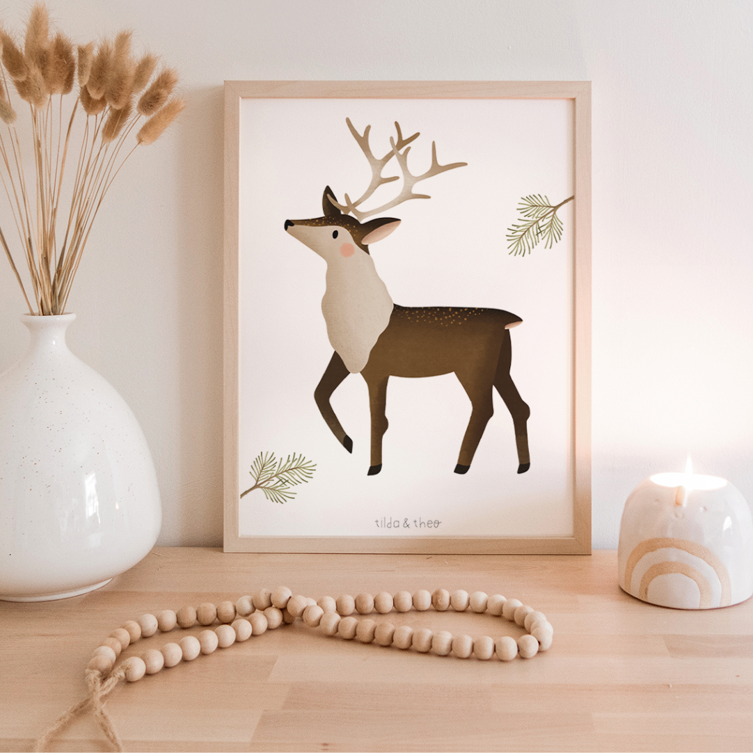 Poster Rentier Norwegen Winter - Print Kinderzimmer Skandinavien Hirsch Weihnachten