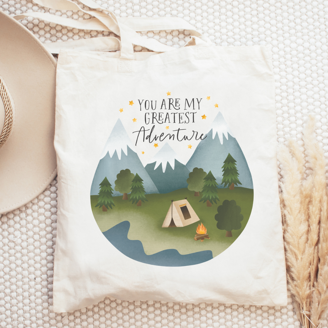 Stofftasche Reise Camping "You Are My Greatest Adventure" Zelt Berge – Geschenk Outdoor Paar Jutetasche