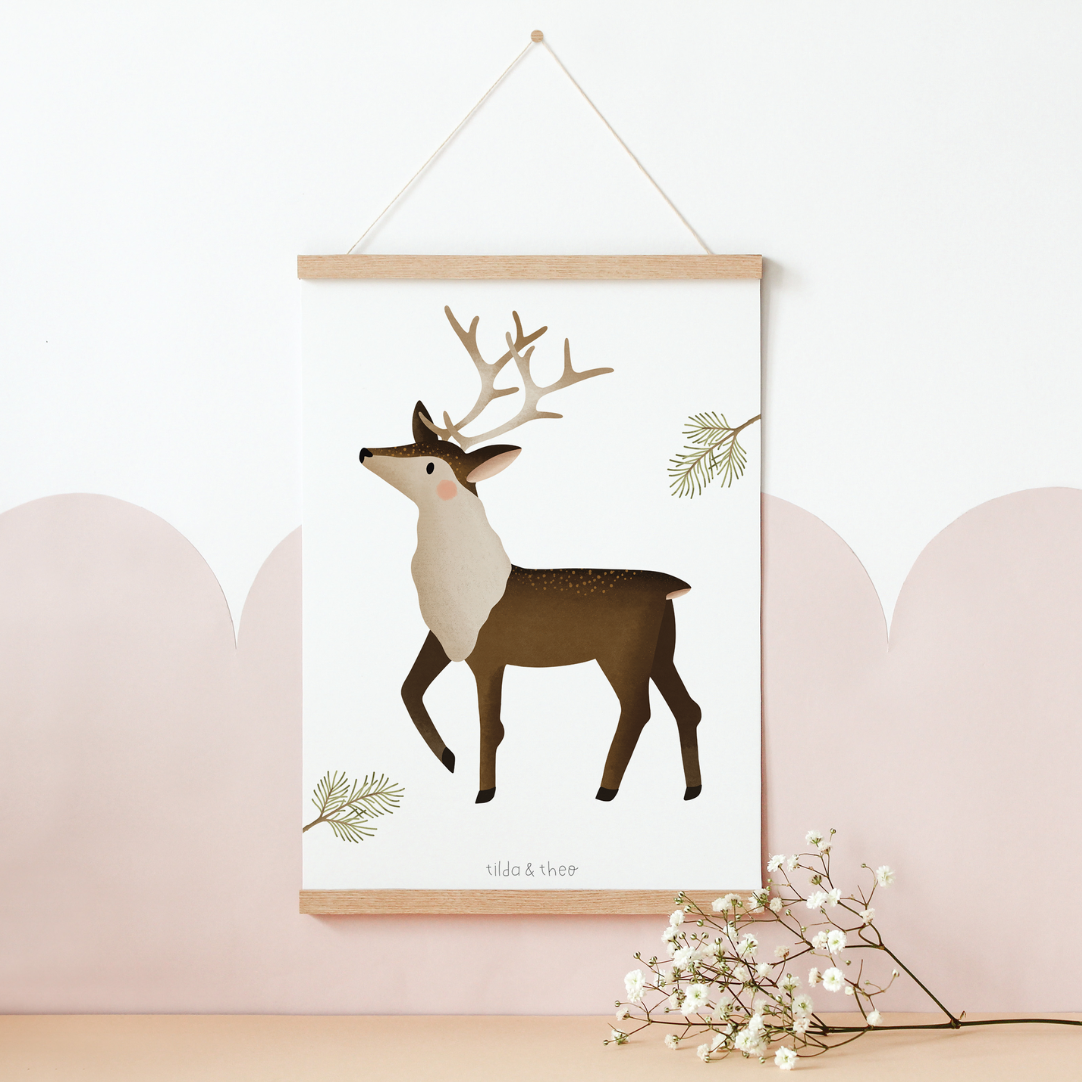Poster Rentier Norwegen Winter - Print Kinderzimmer Skandinavien Hirsch Weihnachten
