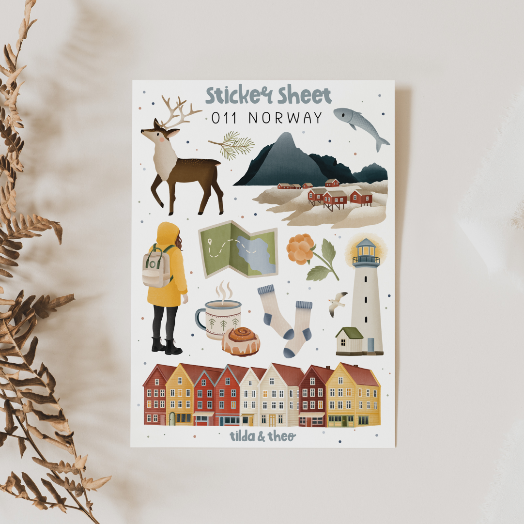 Sticker Sheet Norwegen - 011 / Skandinavien Reise - Abenteuer Reisetagebuch Häuser, Fjorde & Lofoten