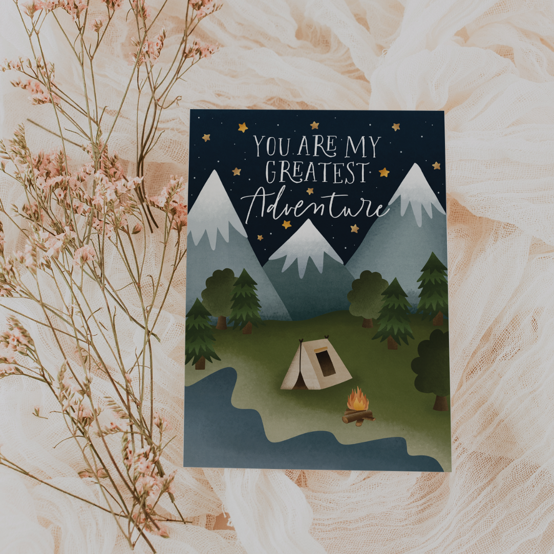Postkarte Abenteuer "you are my greatest adventure" - Berge Zelt Camping - Reisen Valentinstagskarte