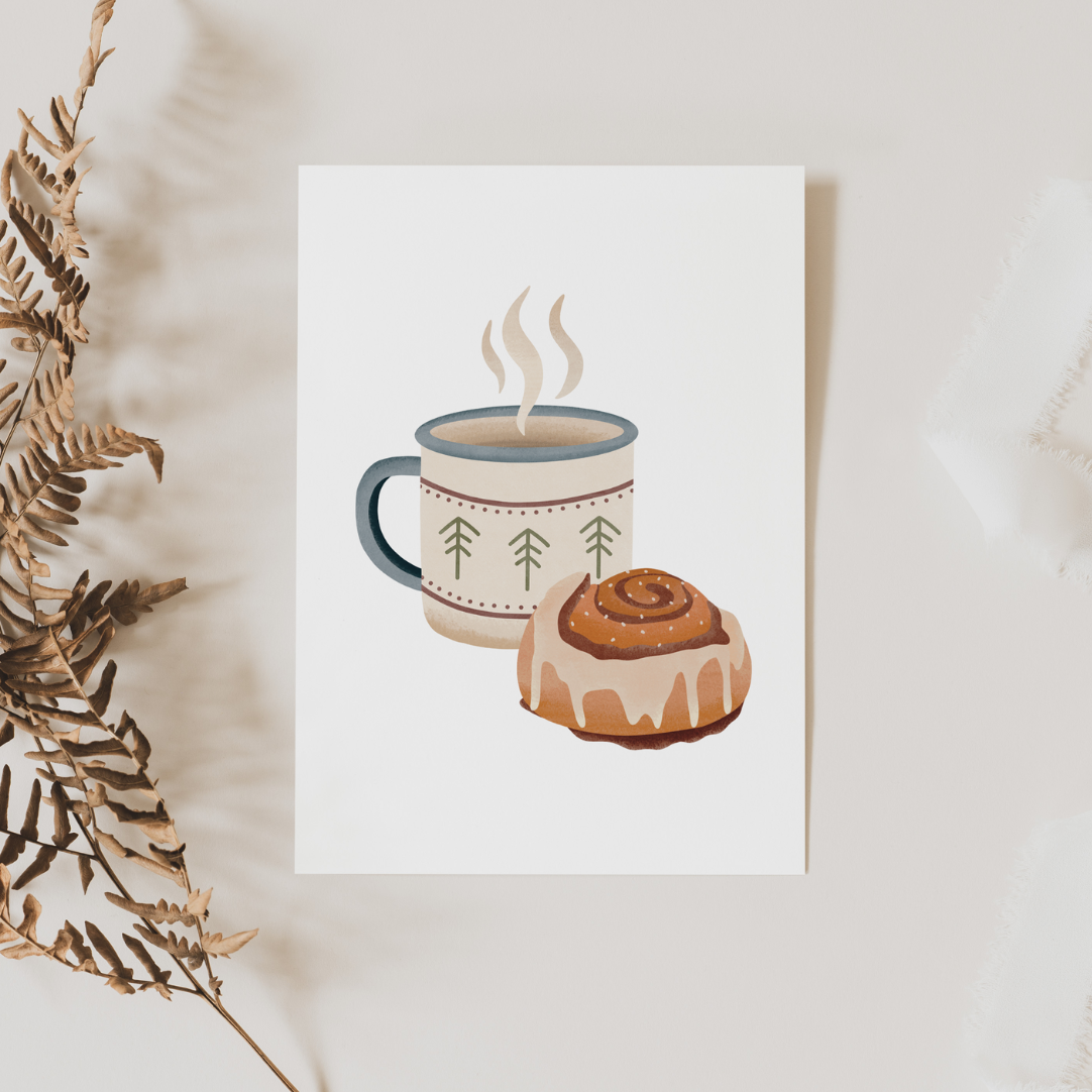 Postkarte Campingtasse & Zimtschnecke Norwegen Grußkarte Frühstück - Camping Karte Schweden Kanelbulle