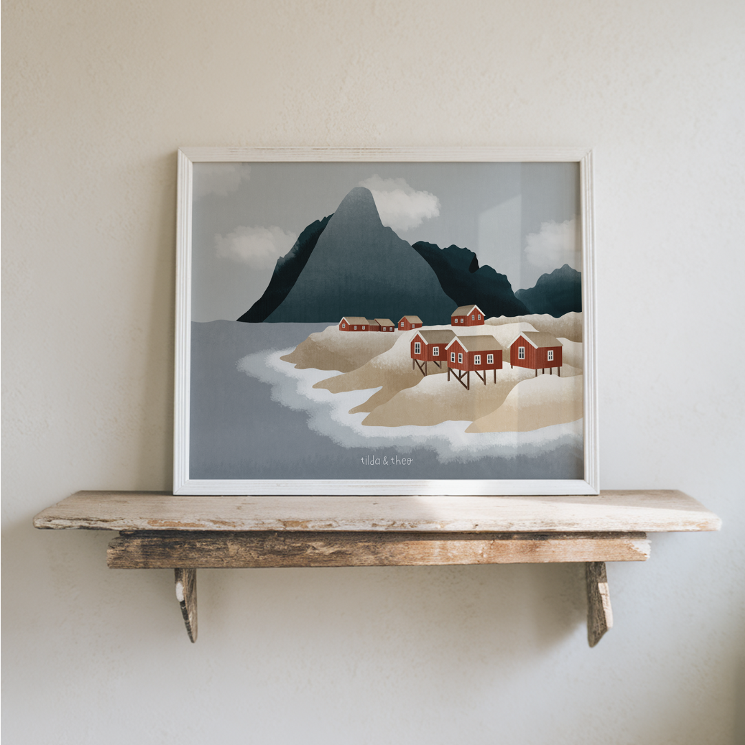 Poster Norwegen Fjorde Lofoten rote Häuser - Reise Kunstdruck Skandinavien - Norwegische Häuser Insel