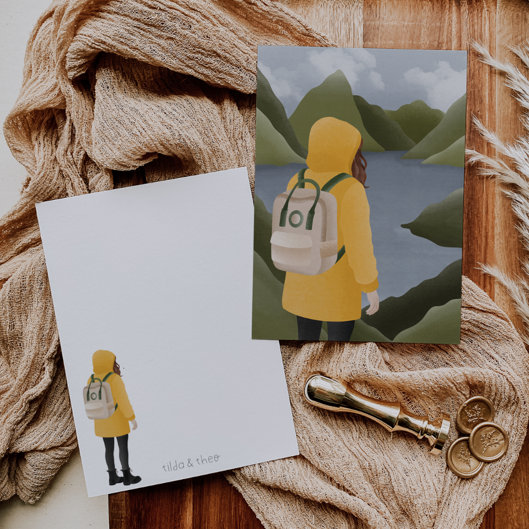 Postkarte Norwegen Fjorde Frau in gelber Regenjacke Karte Reise - Postkarte Norwegischer Fjord