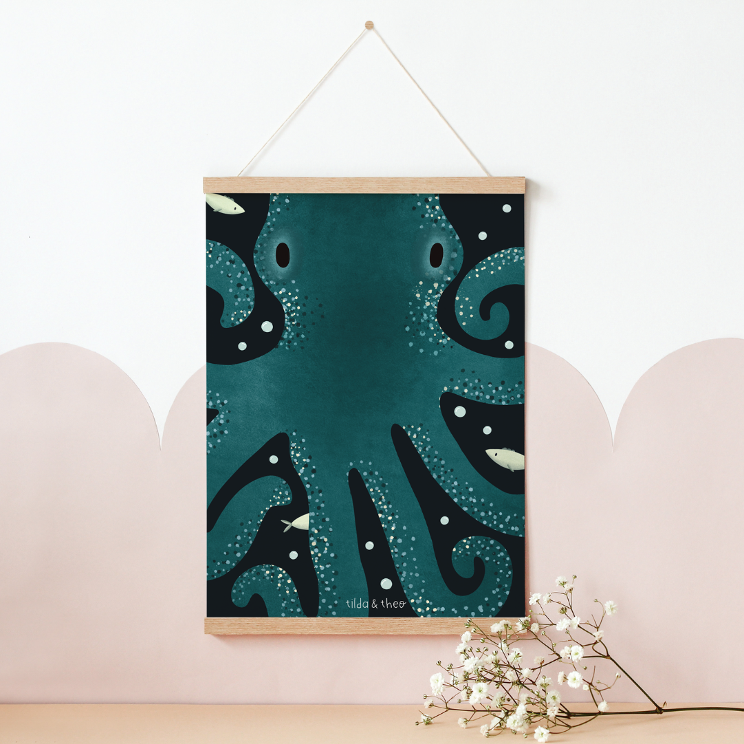Poster Krake Meer Oktopus - Kinderzimmer Ozean Kinderposter Kraken Unterwasser