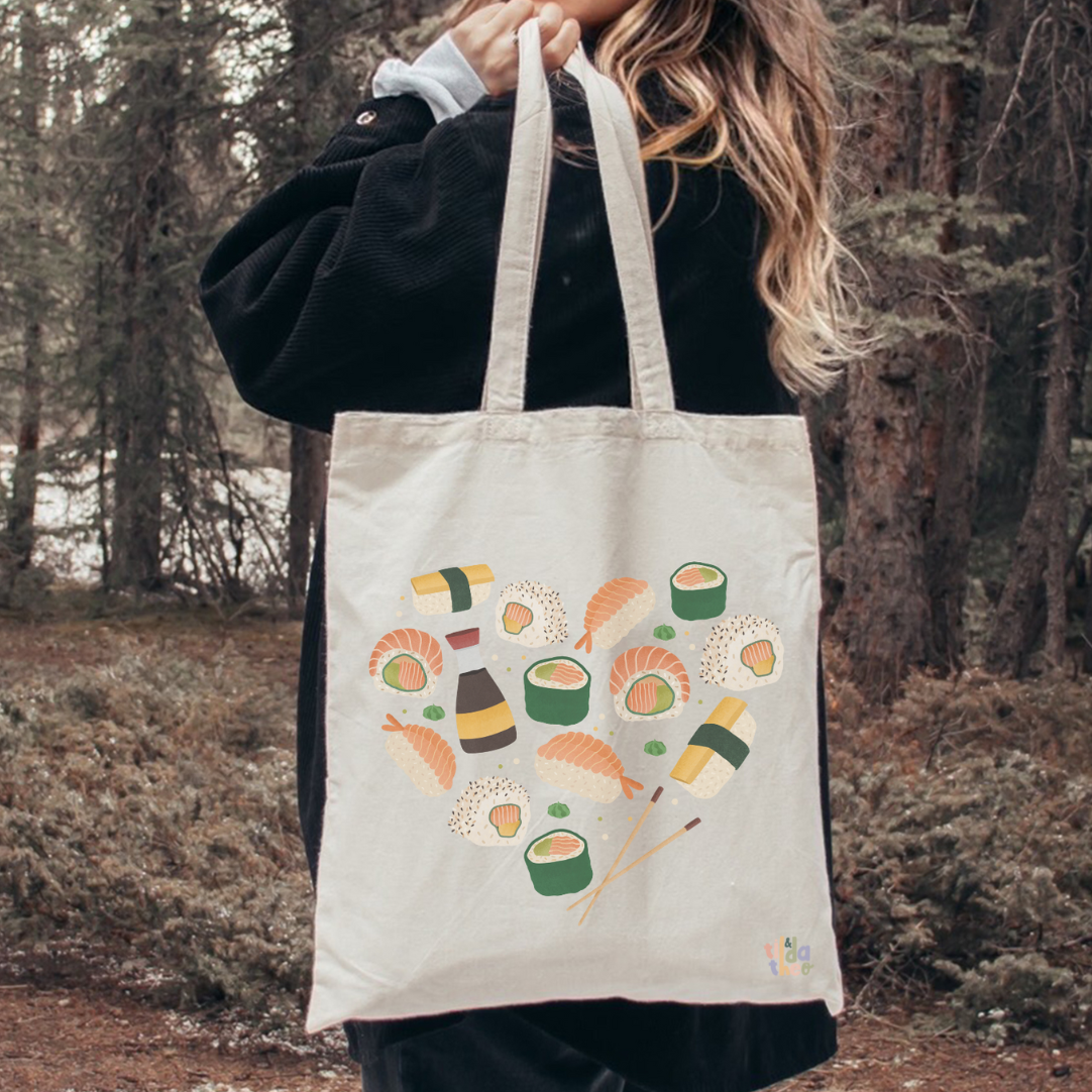 Stofftasche Sushi Herz Nigiri - Jutebeutel Sushi Geschenk Tasche