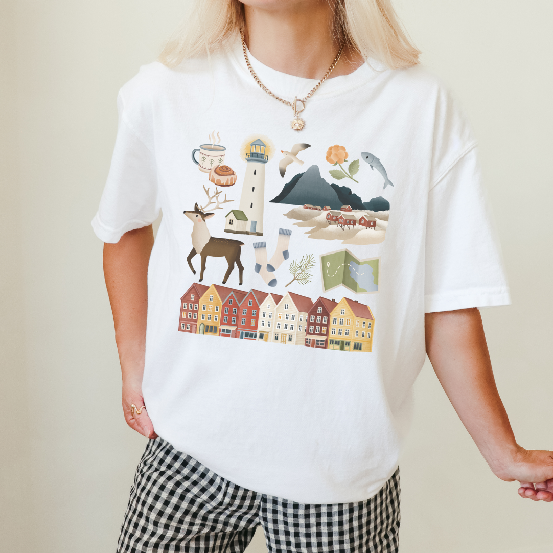 Tshirt Norwegen Reise Skandinavien - BIOBAUMWOLLE Lofoten Häuser Shirt - Norwegen Souvenir