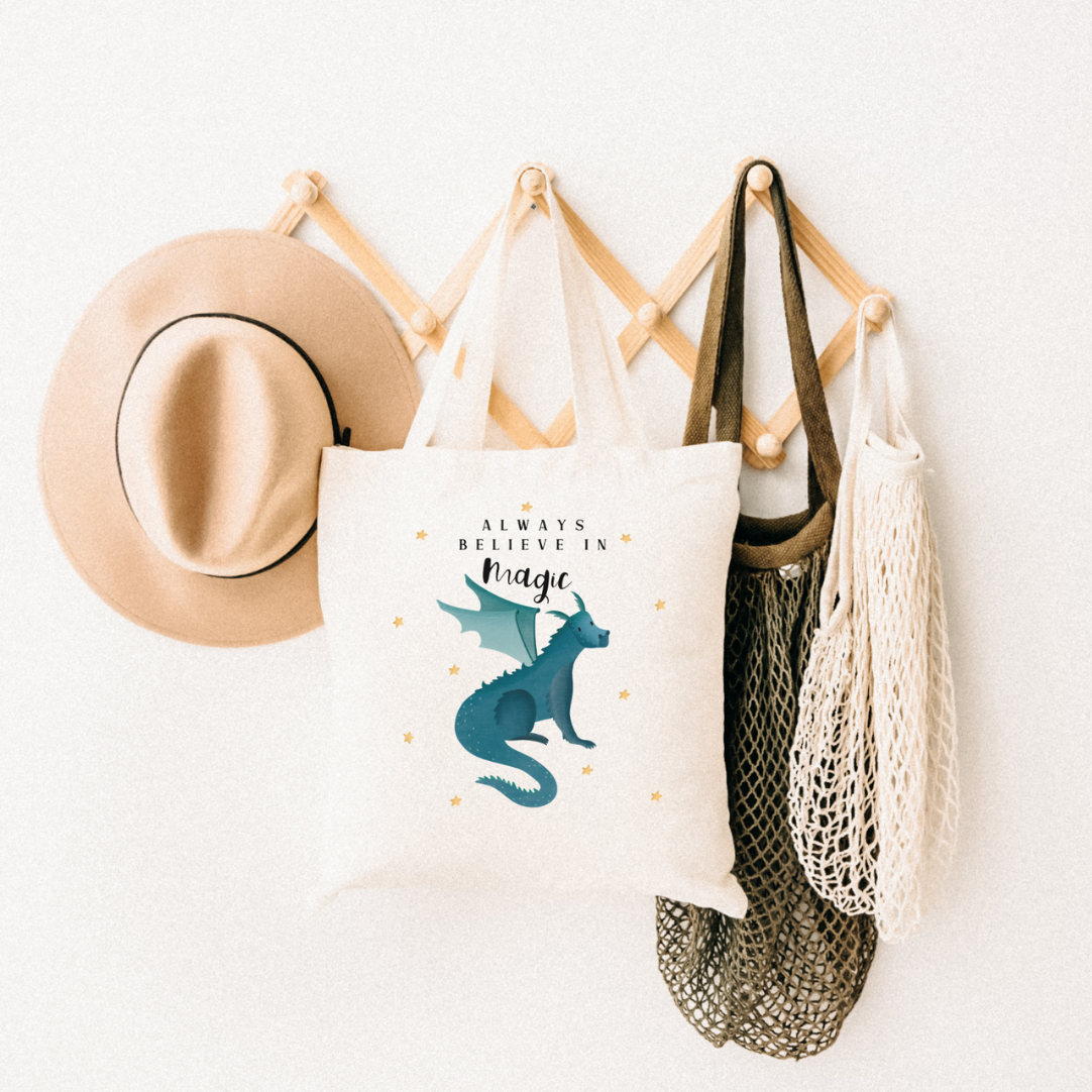 Stofftasche Drache - Einkaufstasche Fantasie - blauer Drache Sterne