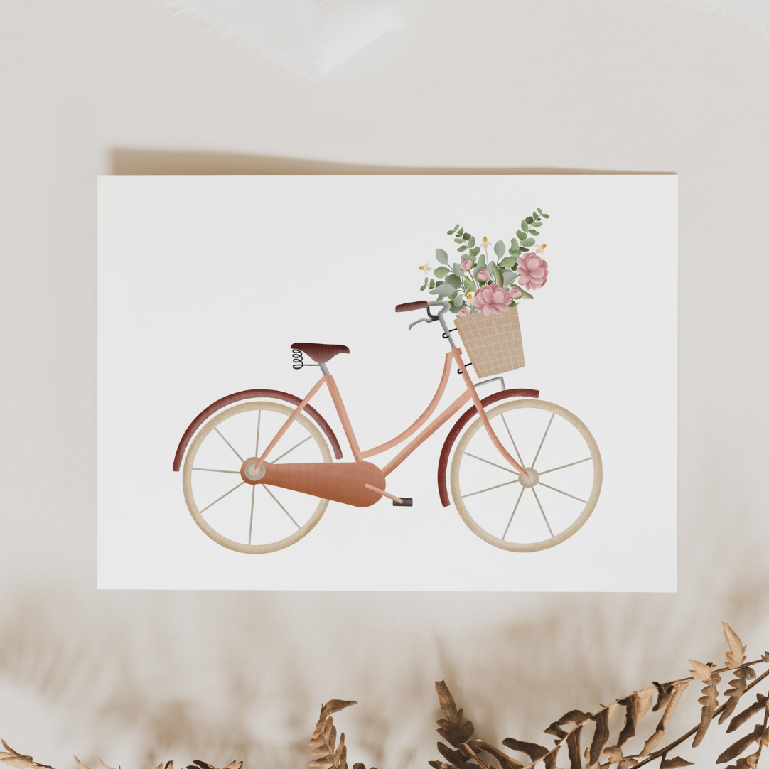 Postkarte Fahrrad mit Blumenkorb - Grußkarte Frühling Geburtstag - Vintage Fahrrad
