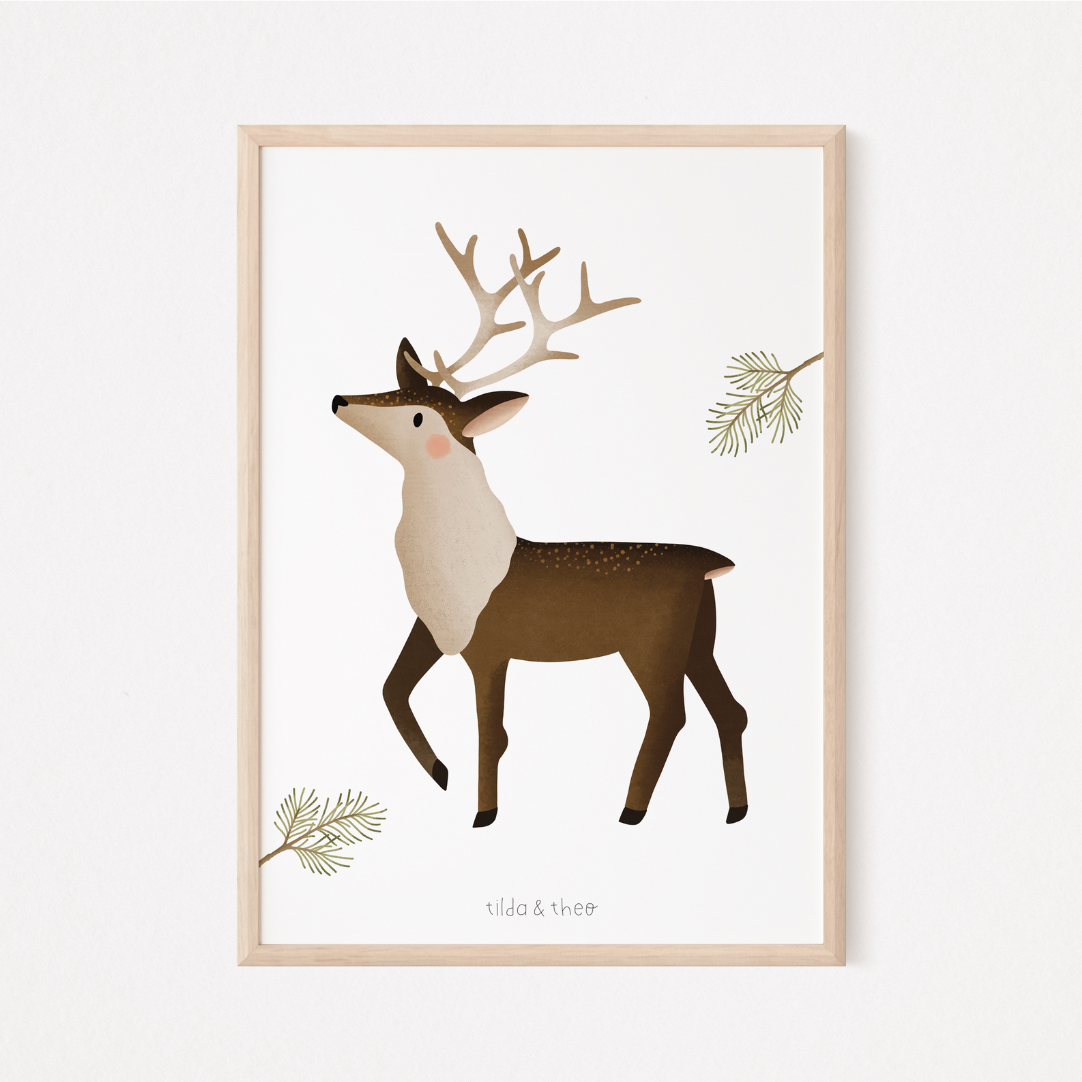 Poster Rentier Norwegen Winter - Print Kinderzimmer Skandinavien Hirsch Weihnachten