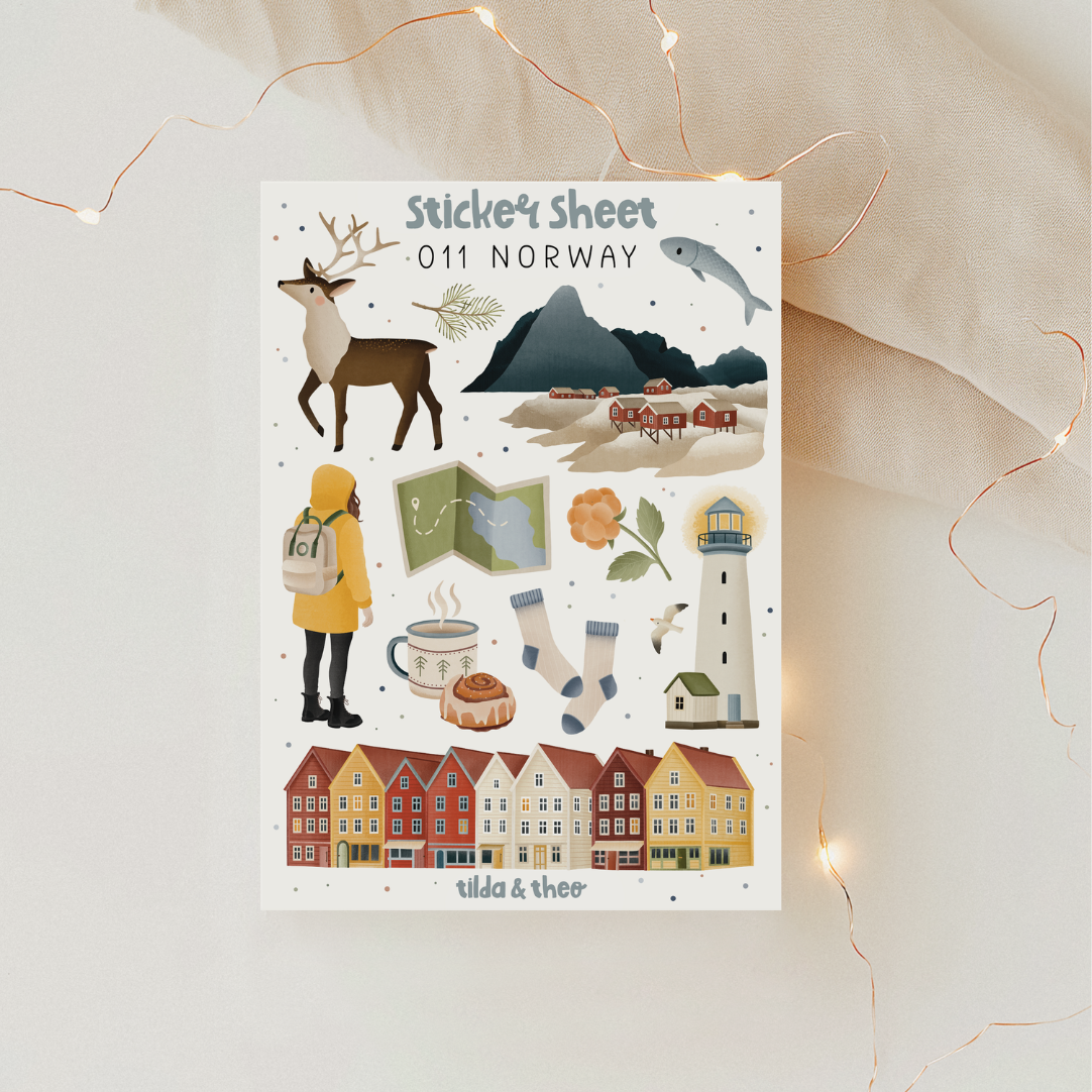 Sticker Sheet Norwegen - 011 / Skandinavien Reise - Abenteuer Reisetagebuch Häuser, Fjorde & Lofoten