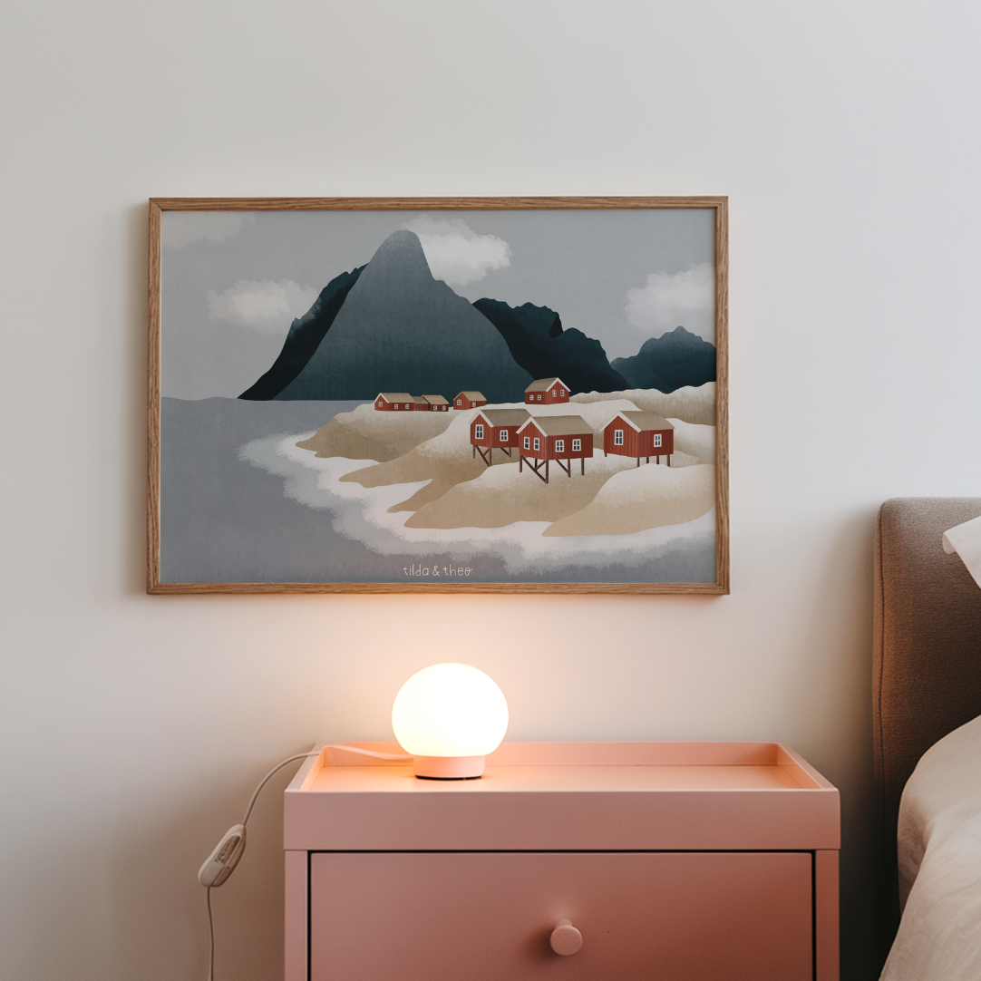 Poster Norwegen Fjorde Lofoten rote Häuser - Reise Kunstdruck Skandinavien - Norwegische Häuser Insel