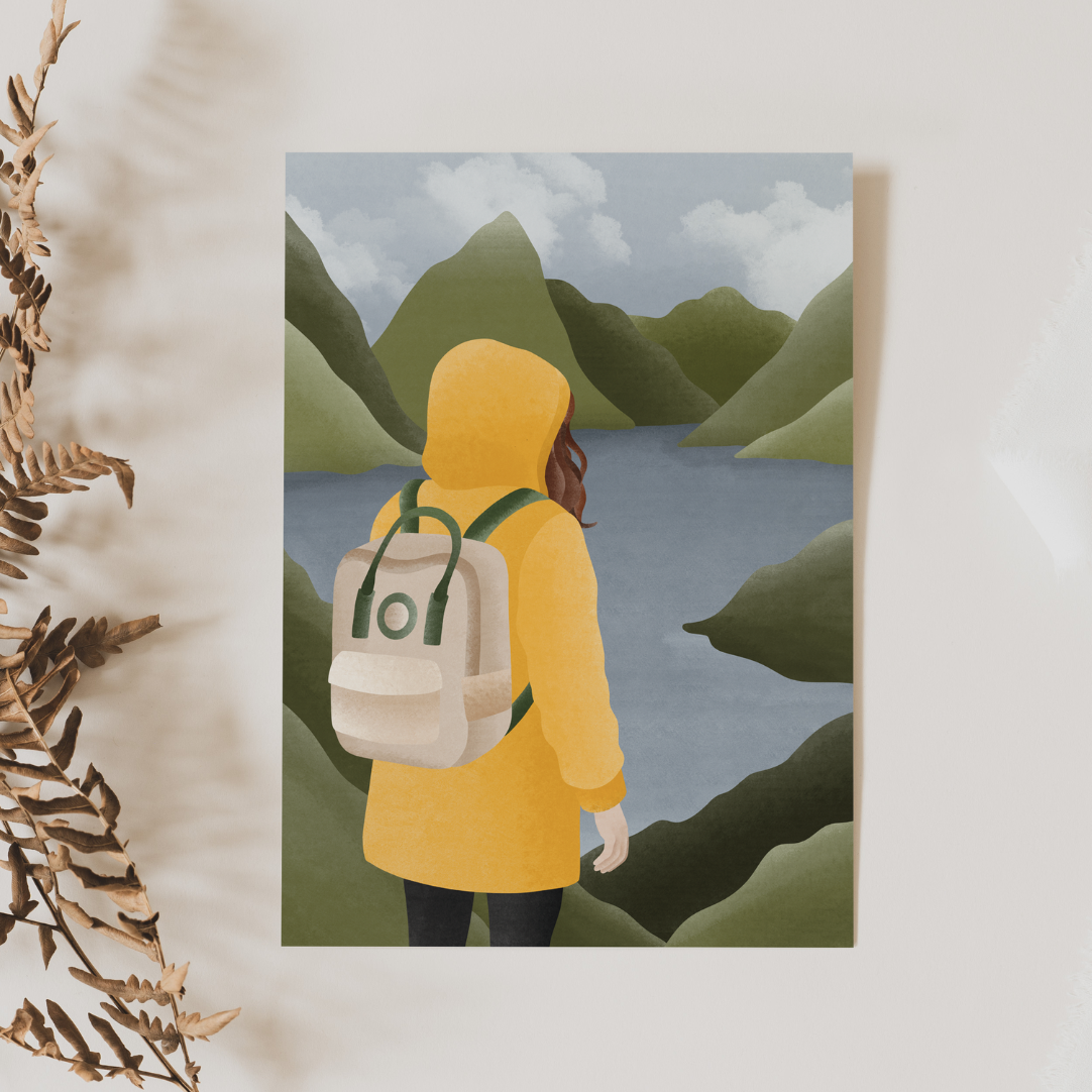 Postkarte Norwegen Fjorde Frau in gelber Regenjacke Karte Reise - Postkarte Norwegischer Fjord