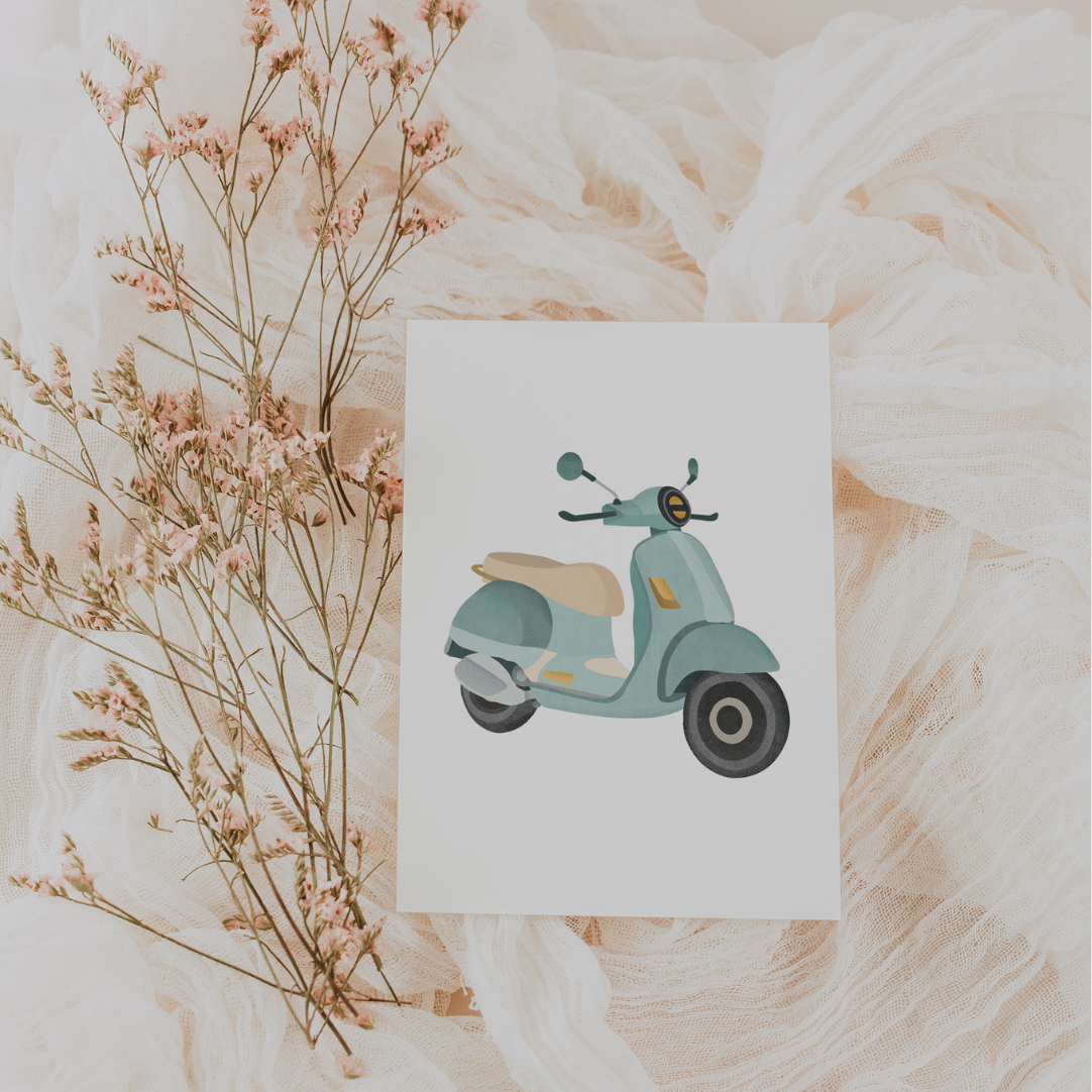 Postkarte Roller - Italien Geschenk Postkarte - Grußkarte italienischer Roller blau