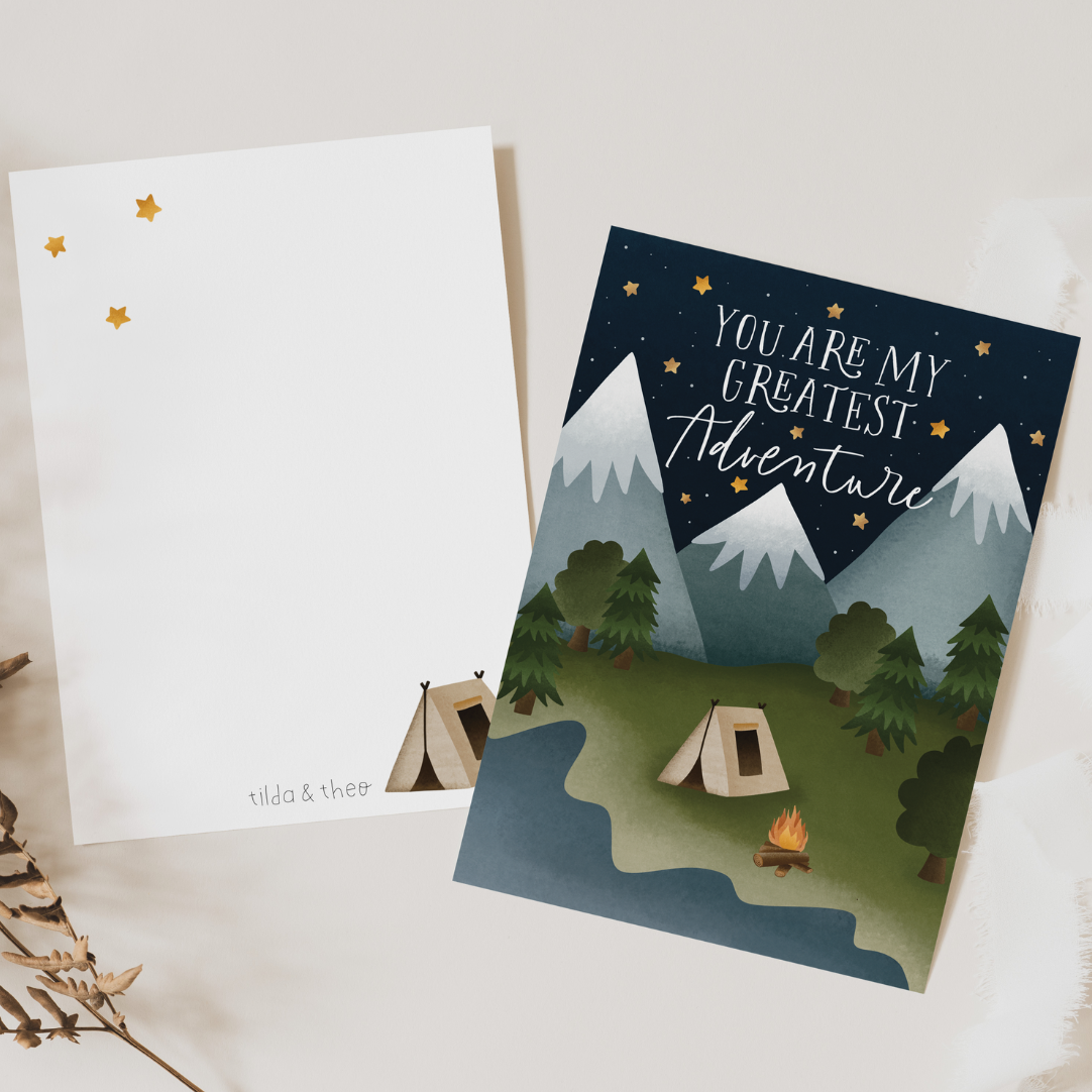 Postkarte Abenteuer "you are my greatest adventure" - Berge Zelt Camping - Reisen Valentinstagskarte