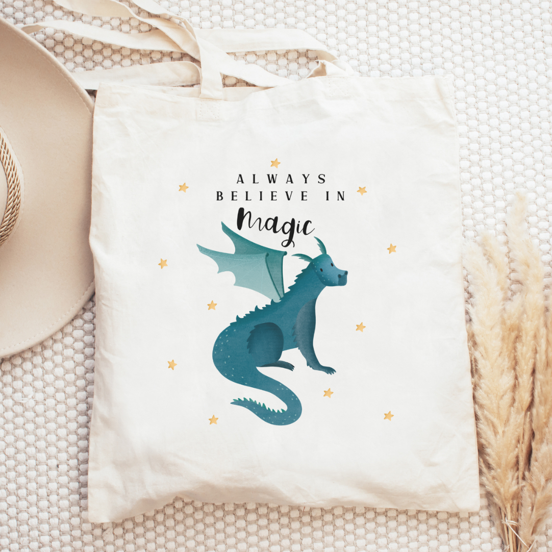 Stofftasche Drache - Einkaufstasche Fantasie - blauer Drache Sterne