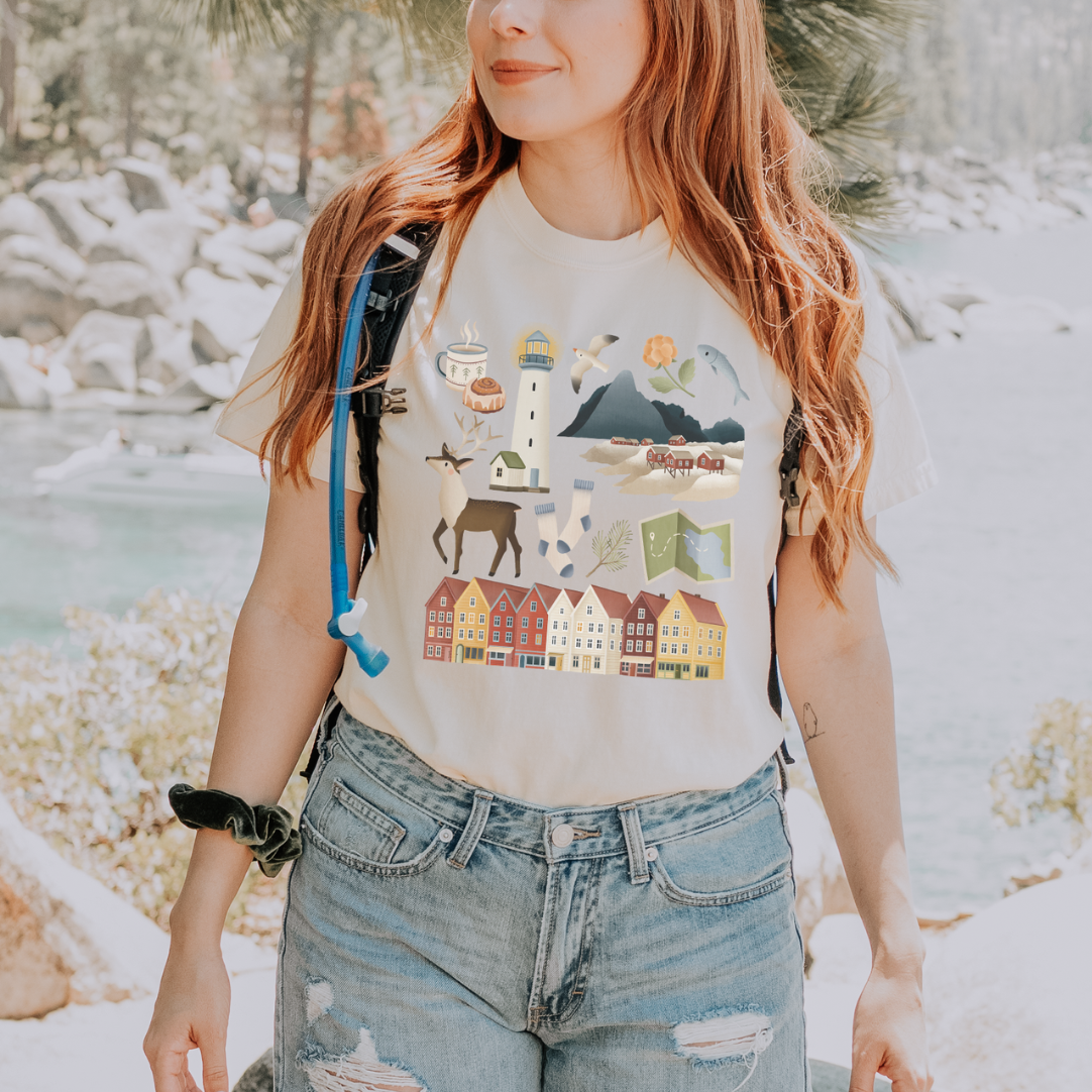Tshirt Norwegen Reise Skandinavien - BIOBAUMWOLLE Lofoten Häuser Shirt - Norwegen Souvenir