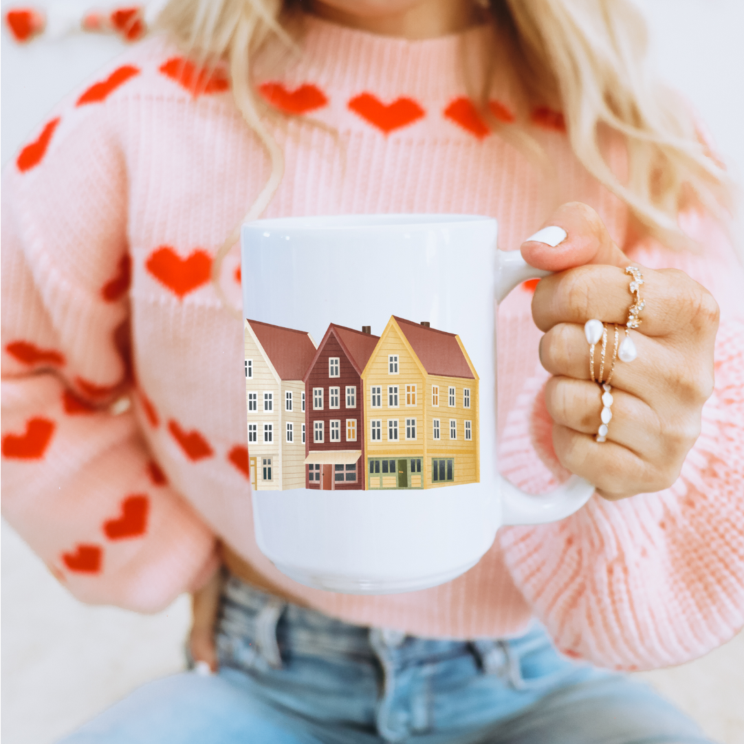 Tasse Norwegen Häuser in Bergen Abenteuer - bunte Häuser Reisebecher Skandinavien