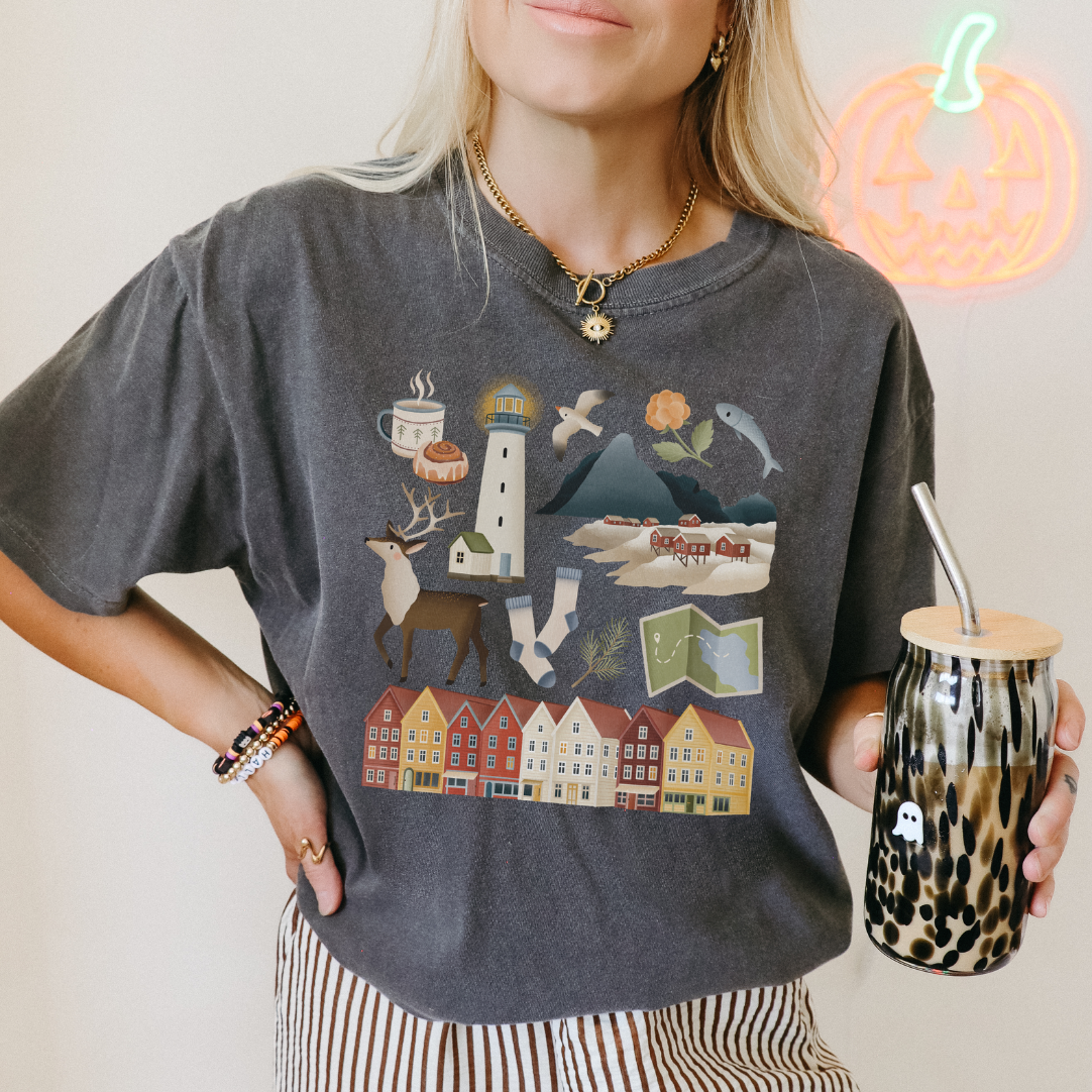 Tshirt Norwegen Reise Skandinavien - BIOBAUMWOLLE Lofoten Häuser Shirt - Norwegen Souvenir